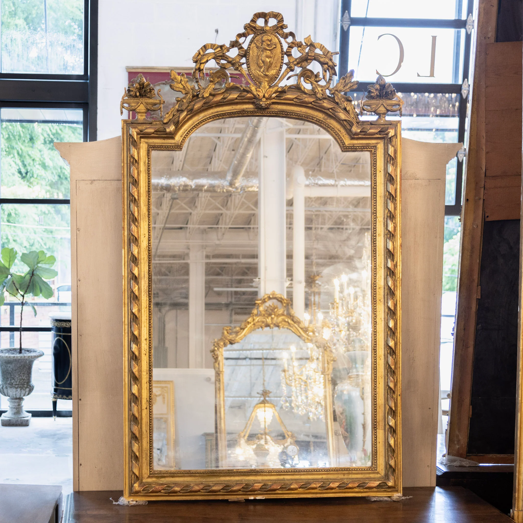 French Ornate Brass Mirror – Bow & Leaf Crest with Ribbon Trim