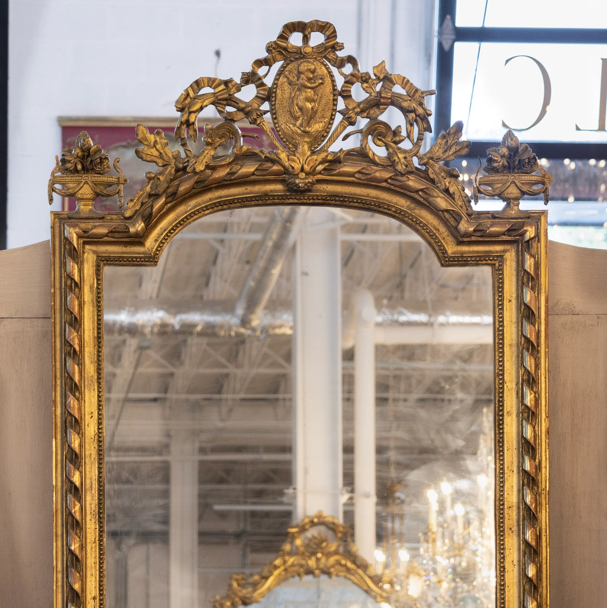French Ornate Brass Mirror – Bow & Leaf Crest with Ribbon Trim - Image 2