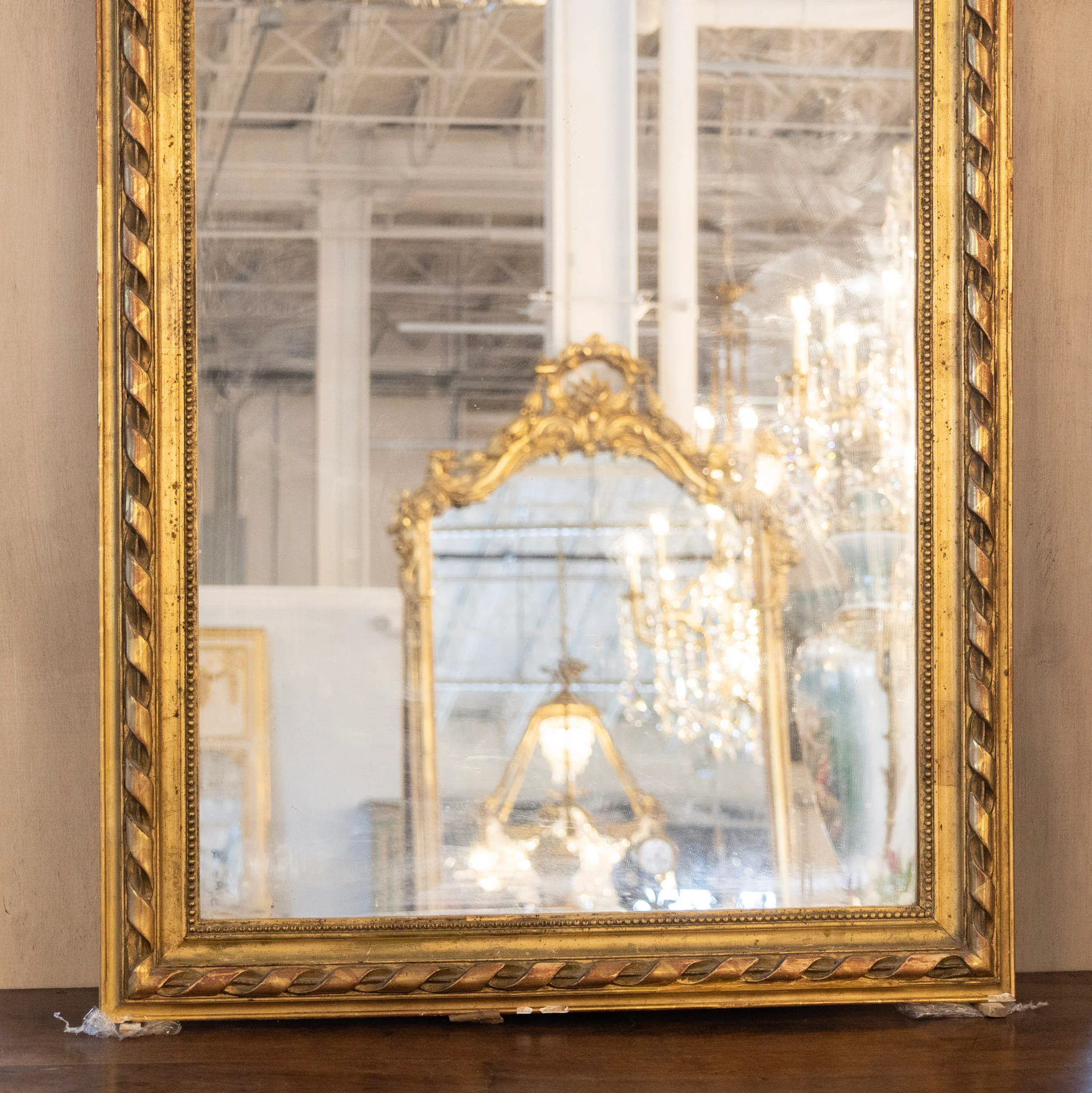French Ornate Brass Mirror – Bow & Leaf Crest with Ribbon Trim - Image 3