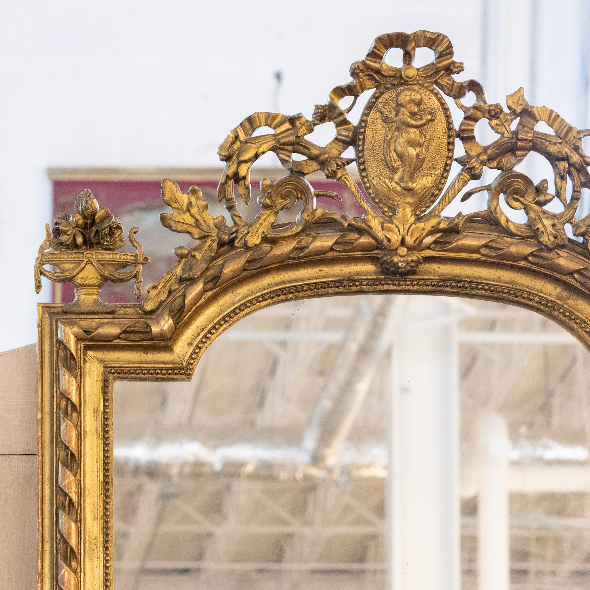 French Ornate Brass Mirror – Bow & Leaf Crest with Ribbon Trim - Image 4