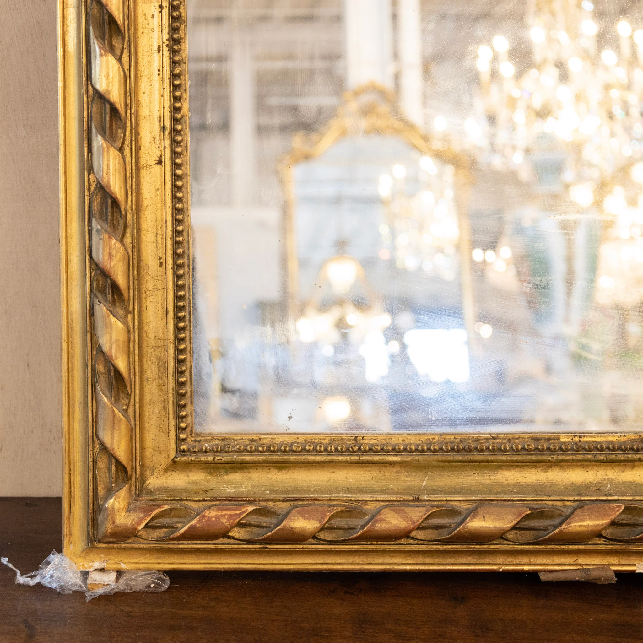 French Ornate Brass Mirror – Bow & Leaf Crest with Ribbon Trim - Image 5