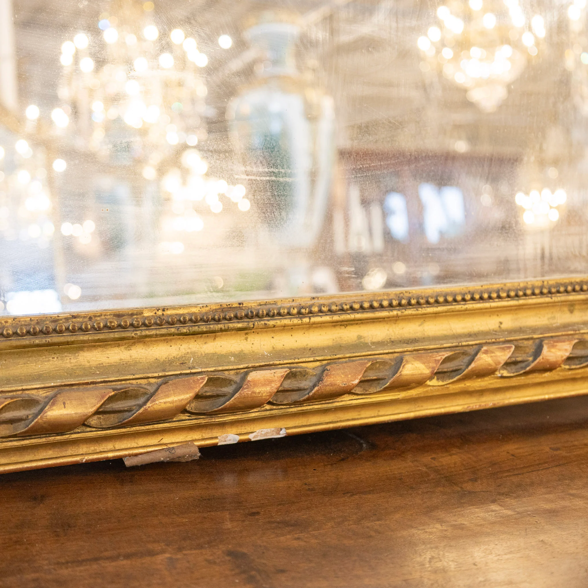 French Ornate Brass Mirror – Bow & Leaf Crest with Ribbon Trim - Image 6