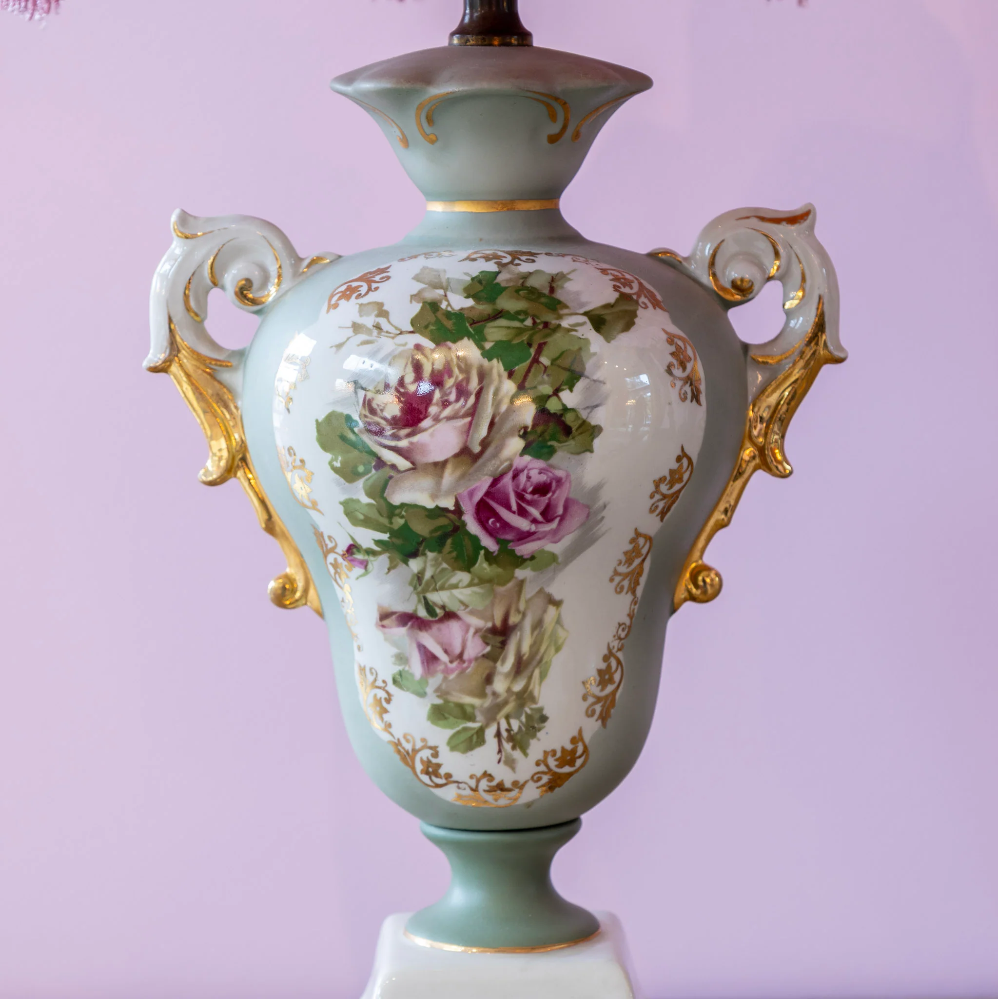 French Porcelain Lamp – Hand-Painted Roses & Pink Fringe Shade - Image 2