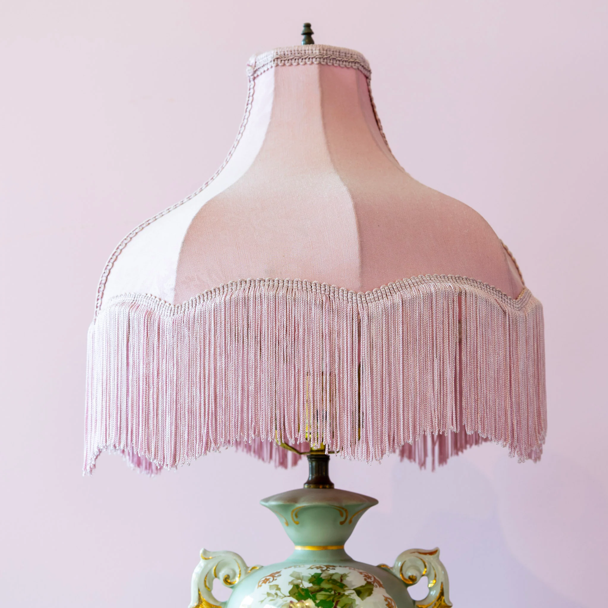 French Porcelain Lamp – Hand-Painted Roses & Pink Fringe Shade - Image 3