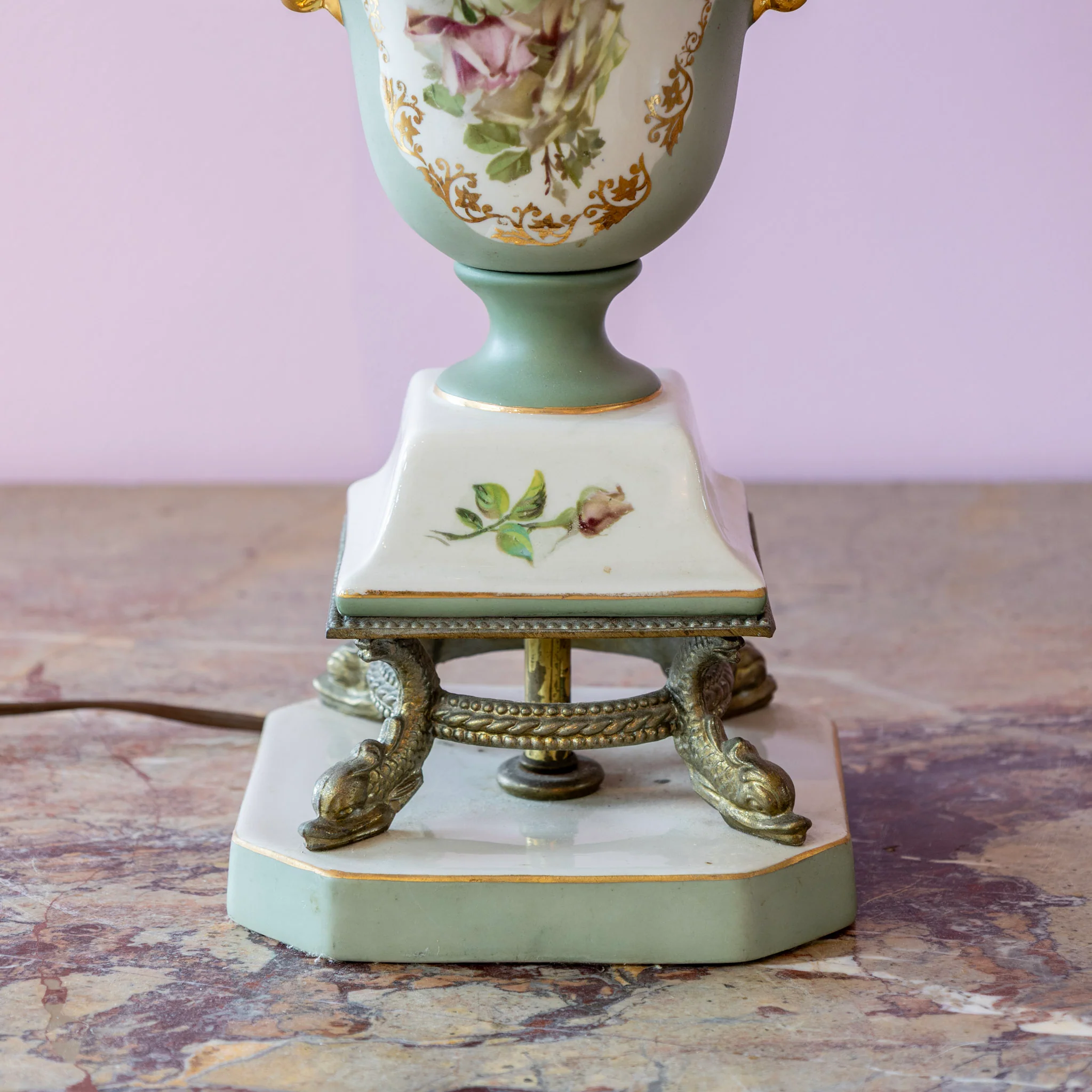 French Porcelain Lamp – Hand-Painted Roses & Pink Fringe Shade - Image 4