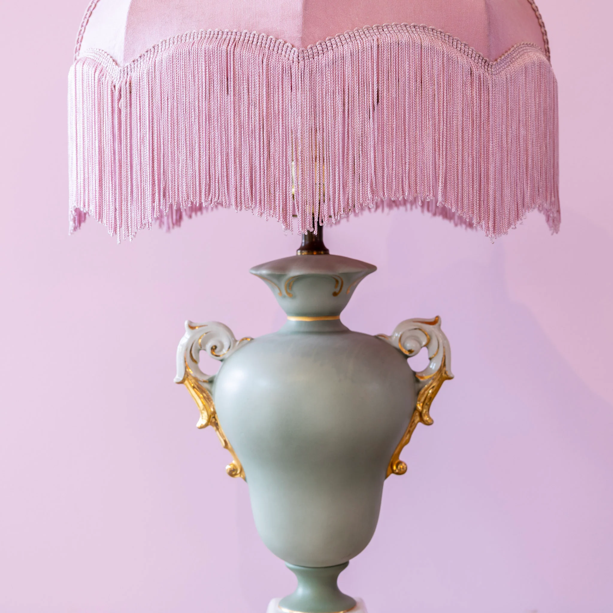 French Porcelain Lamp – Hand-Painted Roses & Pink Fringe Shade - Image 5