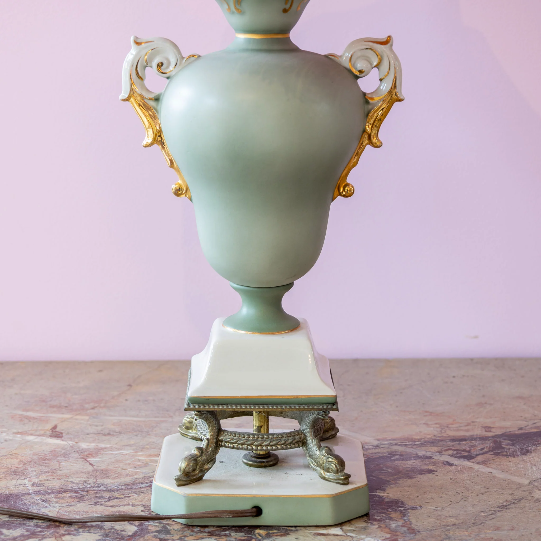 French Porcelain Lamp – Hand-Painted Roses & Pink Fringe Shade - Image 6