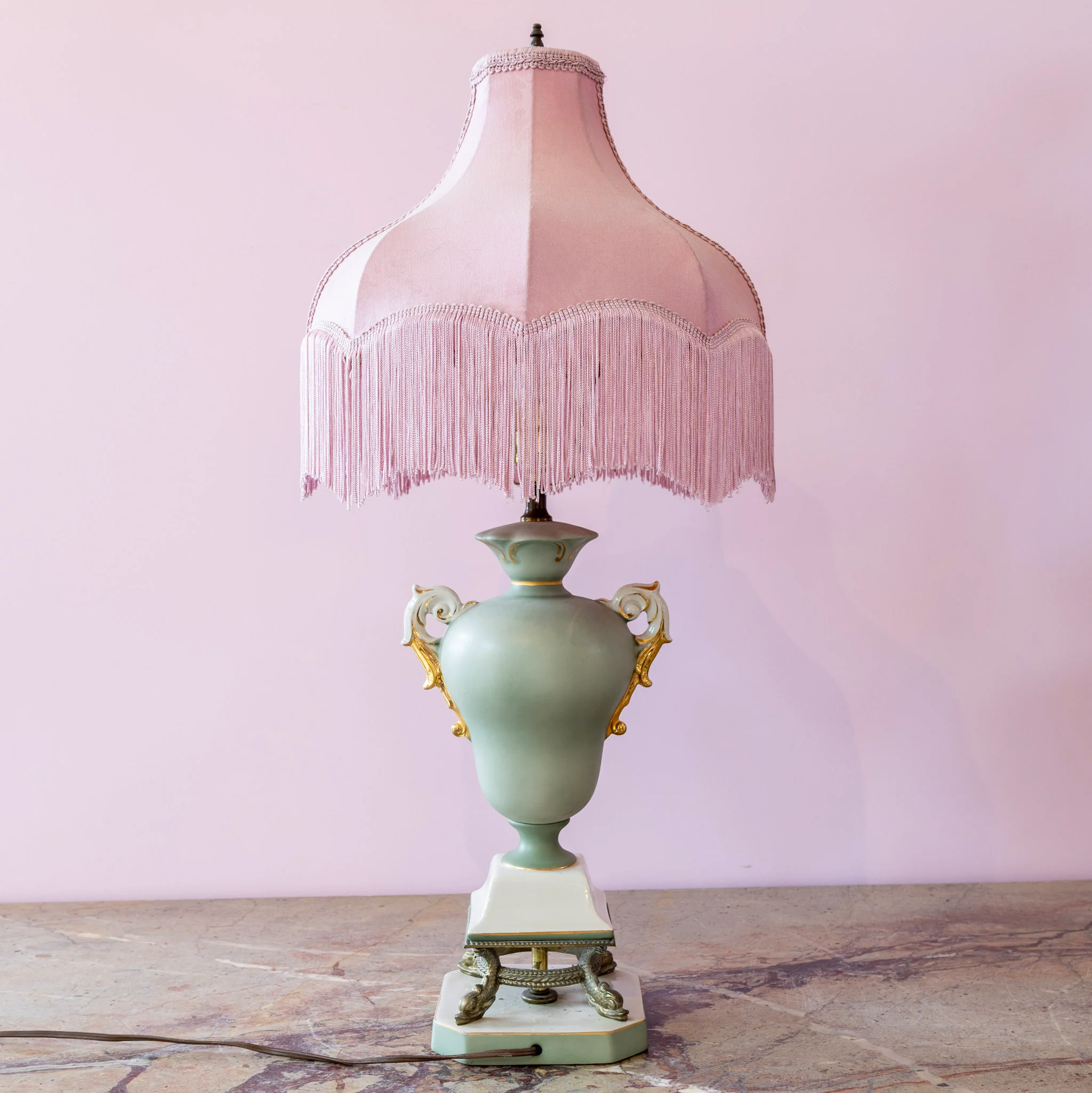 French Porcelain Lamp – Hand-Painted Roses & Pink Fringe Shade - Image 7
