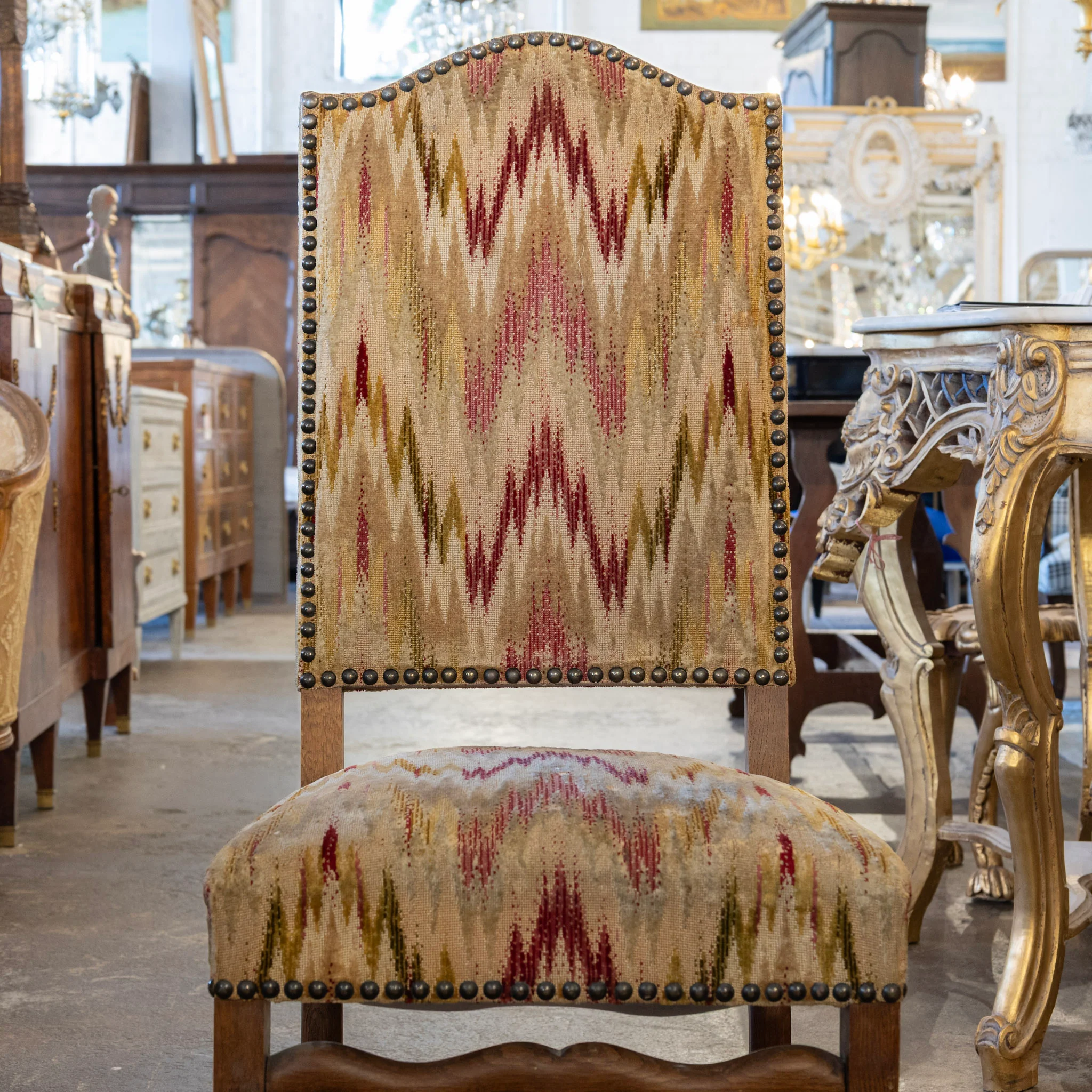 French Provincial Accent Chairs – Cream & Red Woven Upholstery - Image 3