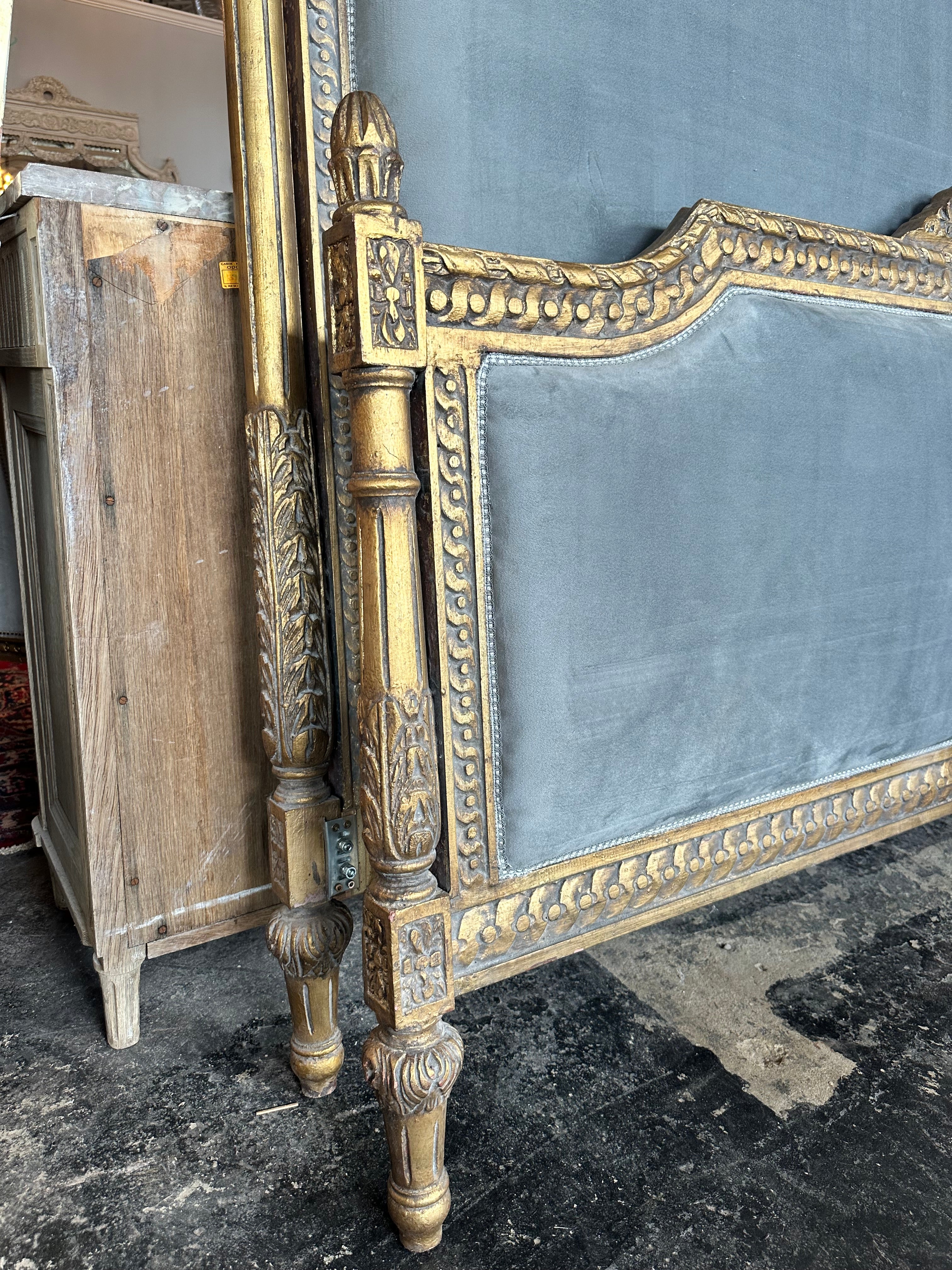 French Queen Bed Set with Slate Gray Velvet Upholstery - Image 4