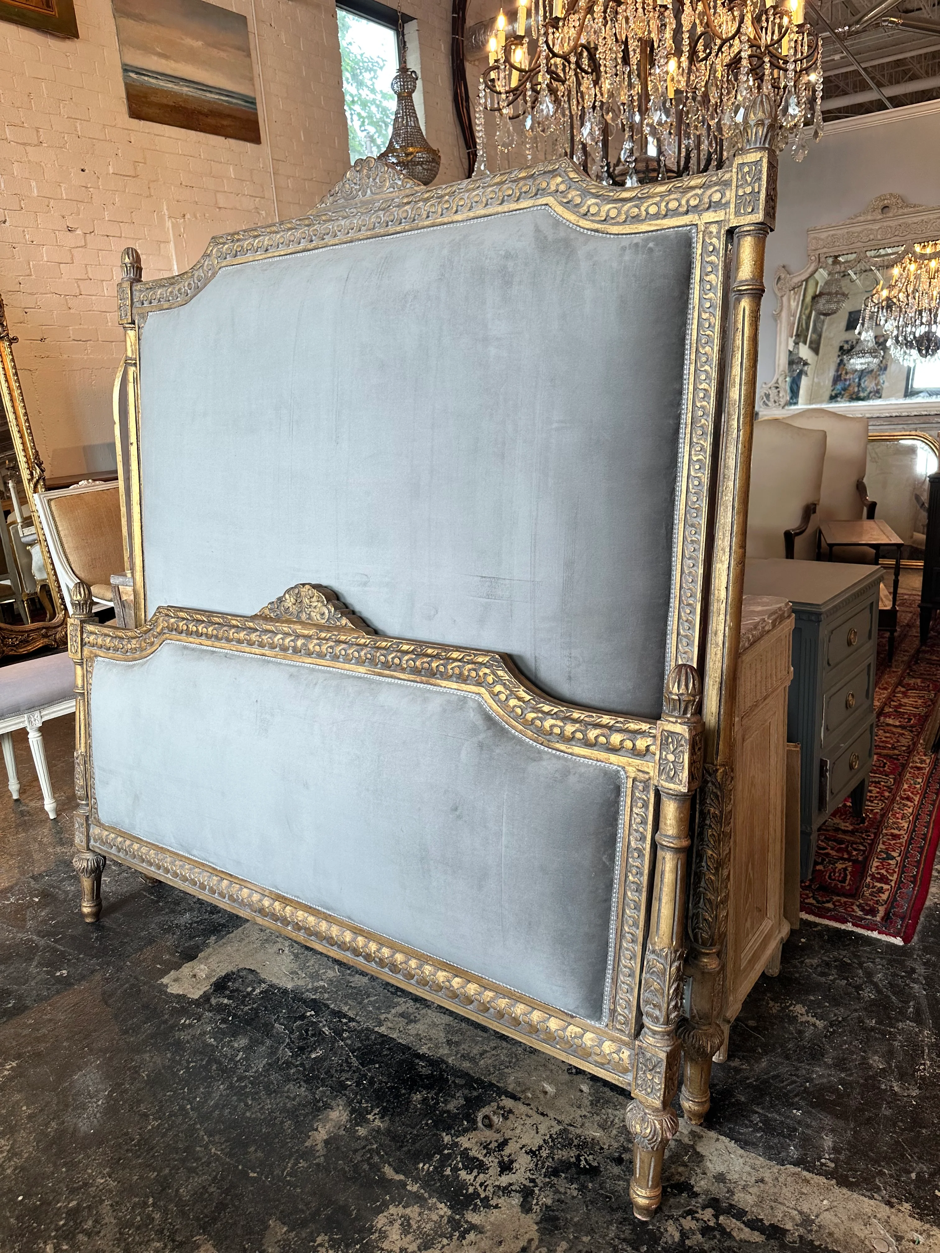 French Queen Bed Set with Slate Gray Velvet Upholstery - Image 5