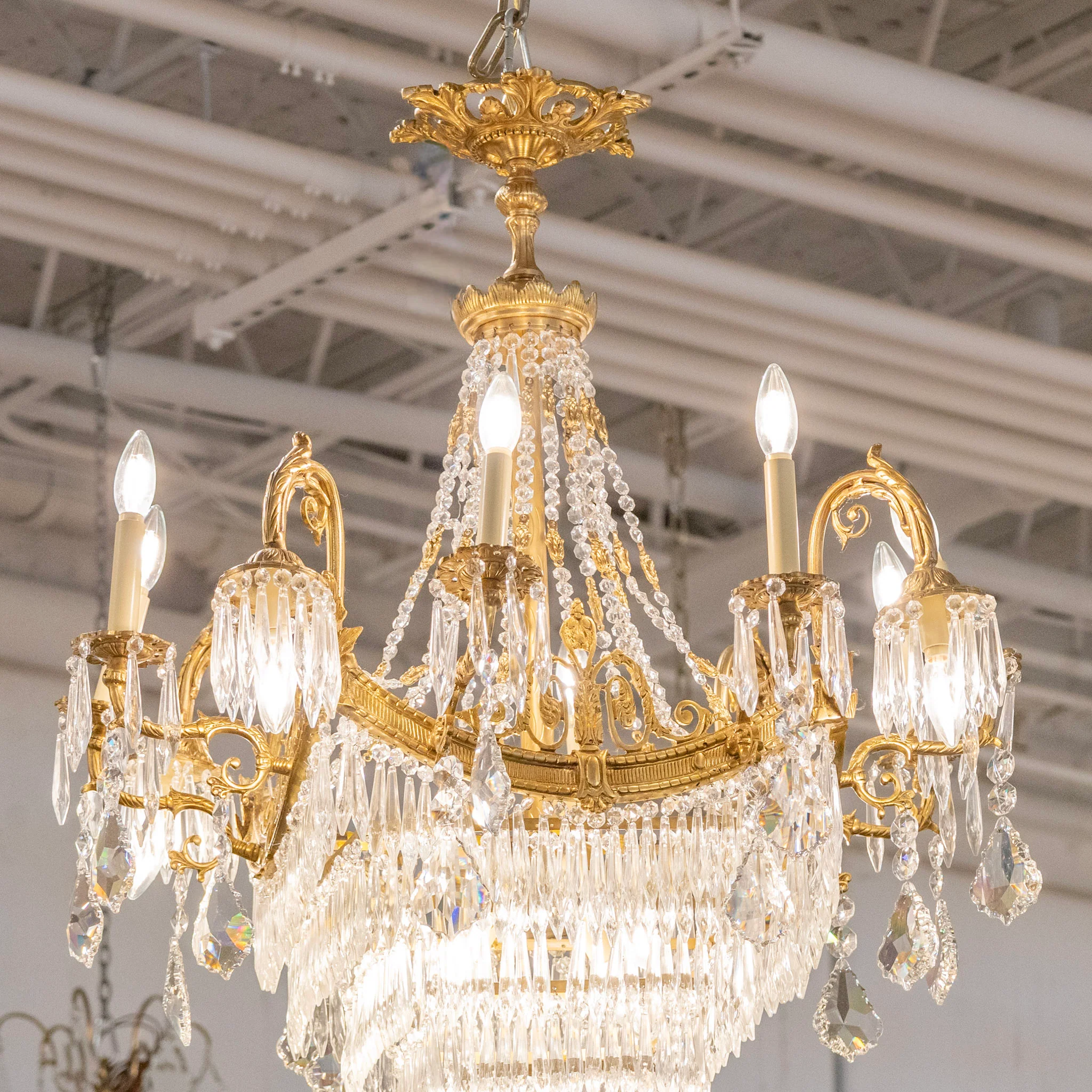 French Tiered Brass Chandelier – Ornate Squared Frame & Icicle Crystal Drops - Image 3