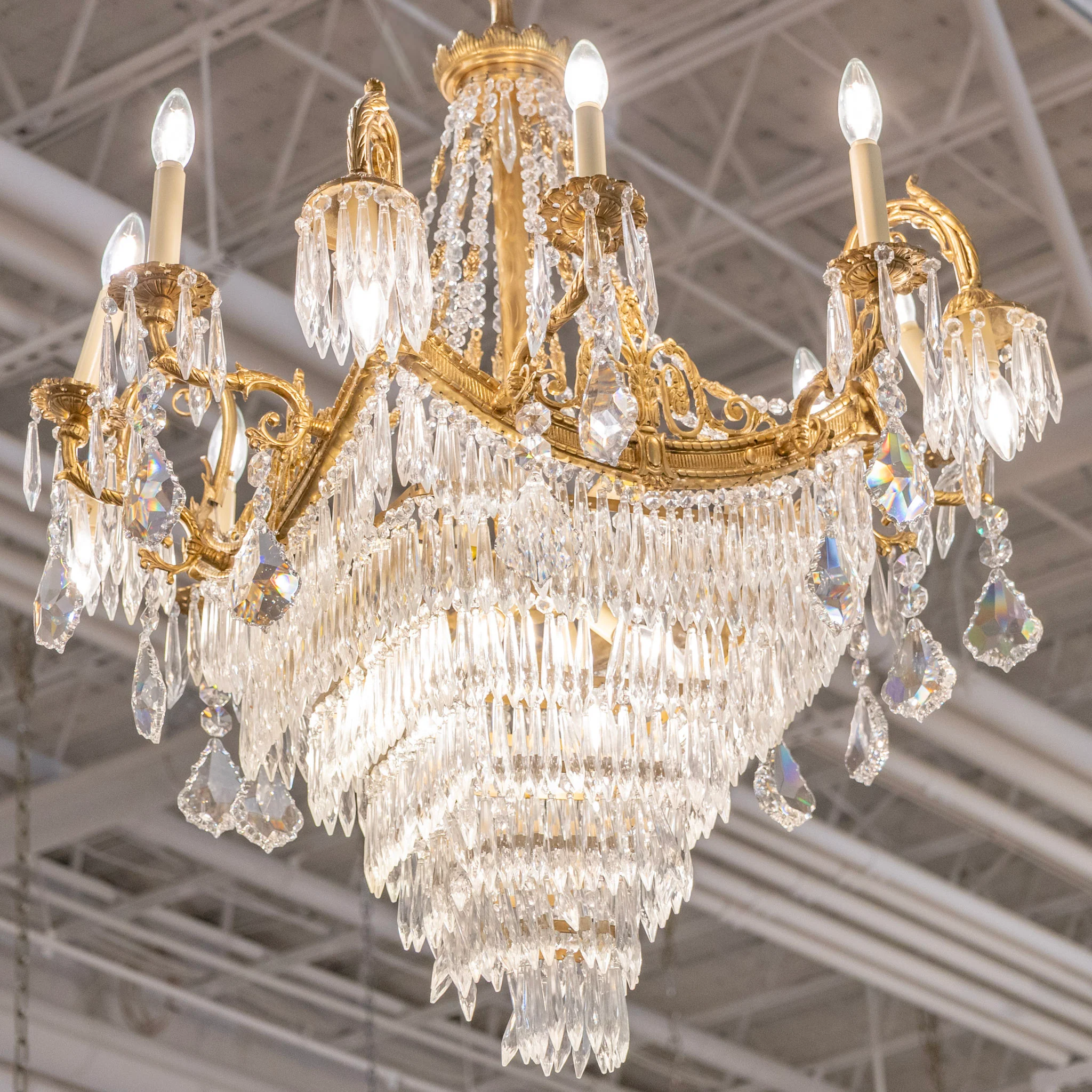 French Tiered Brass Chandelier – Ornate Squared Frame & Icicle Crystal Drops - Image 4