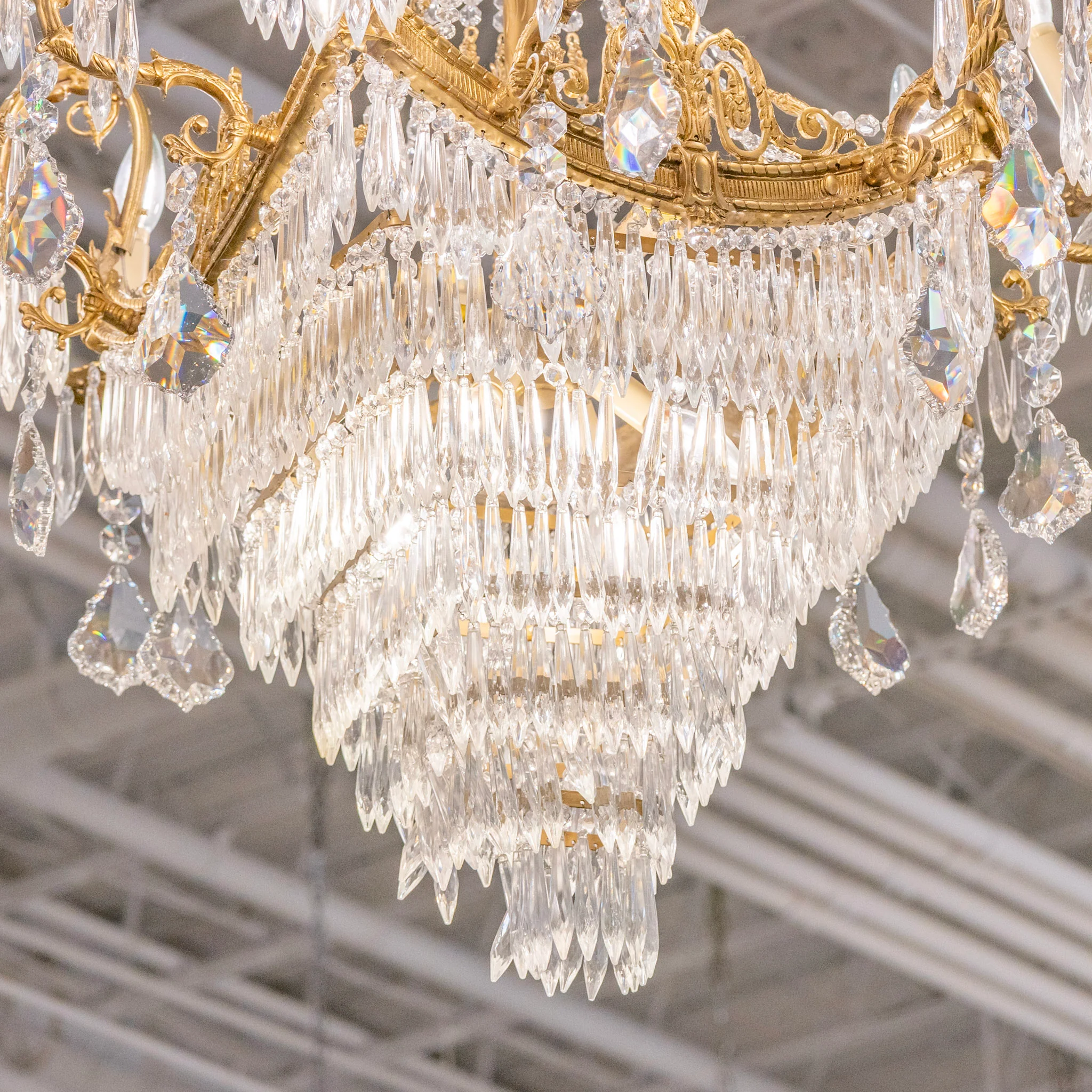 French Tiered Brass Chandelier – Ornate Squared Frame & Icicle Crystal Drops - Image 5