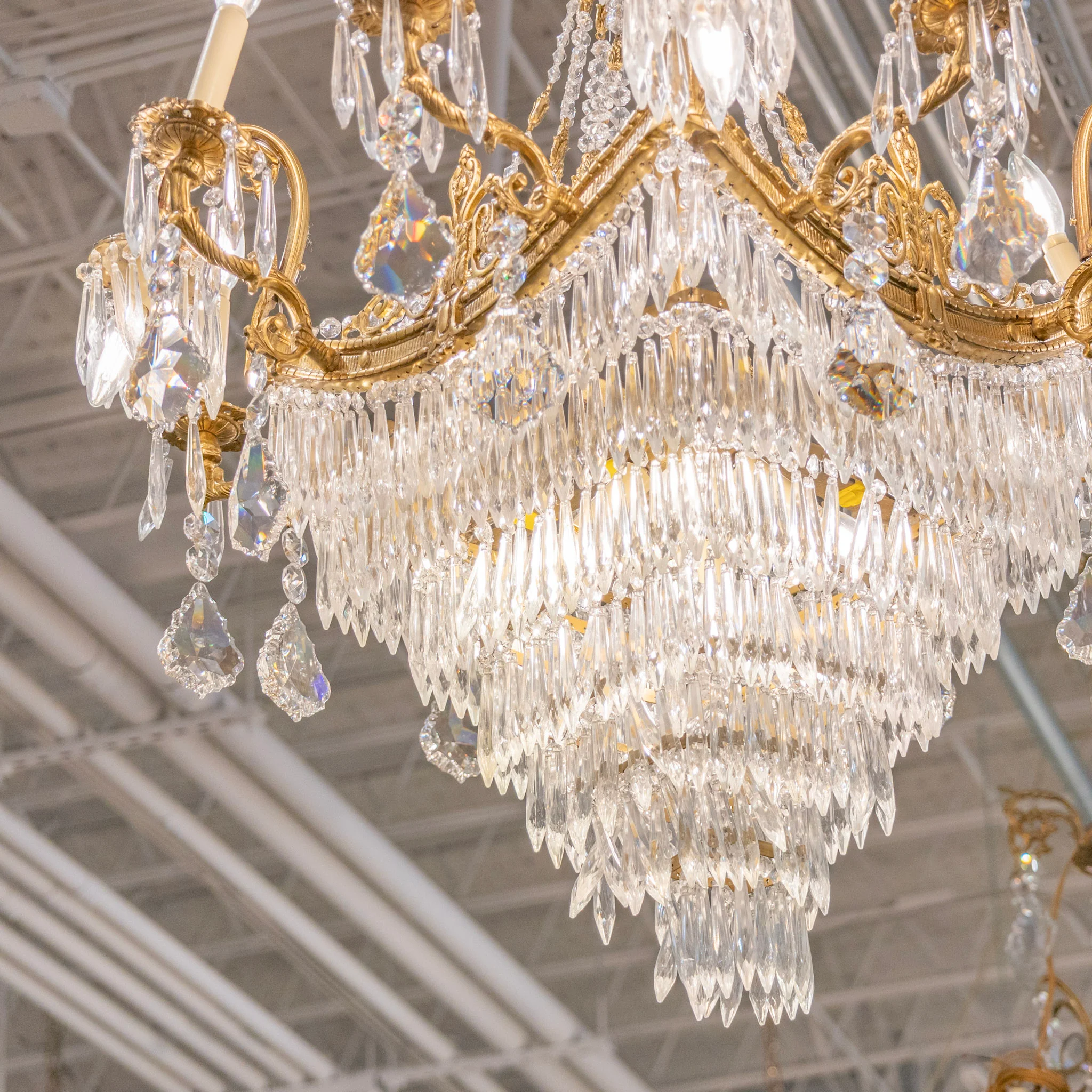 French Tiered Brass Chandelier – Ornate Squared Frame & Icicle Crystal Drops - Image 6