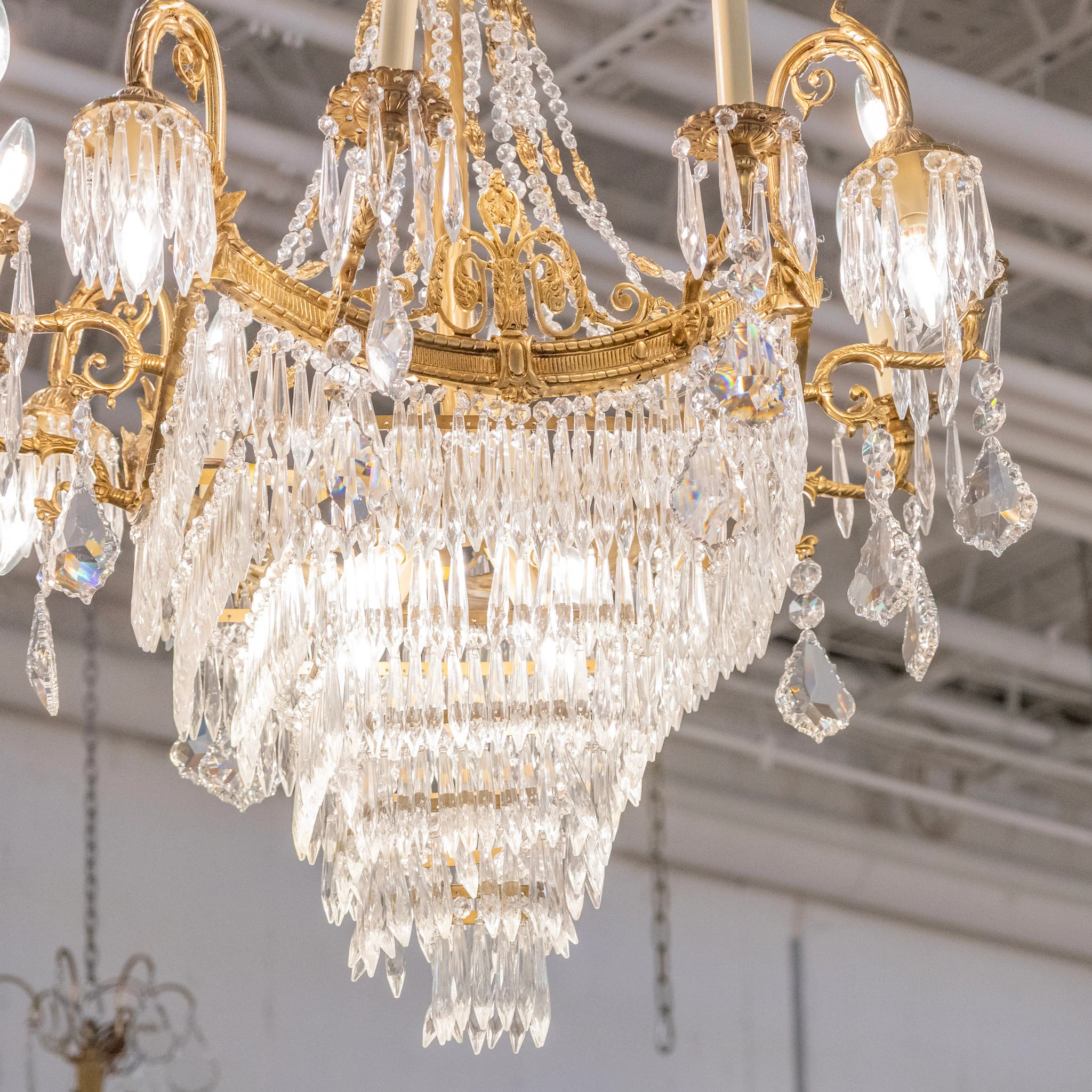 French Tiered Brass Chandelier – Ornate Squared Frame & Icicle Crystal Drops - Image 7