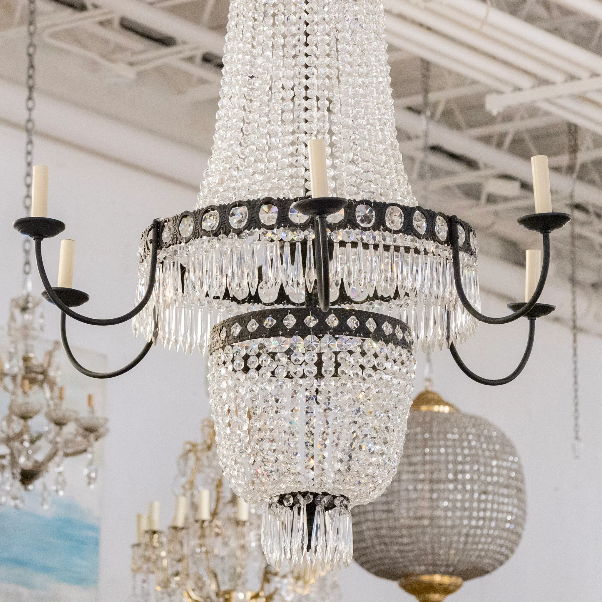 French Tiered Basket Iron Chandelier – Beaded Crystal & Icicle Drops - Image 2