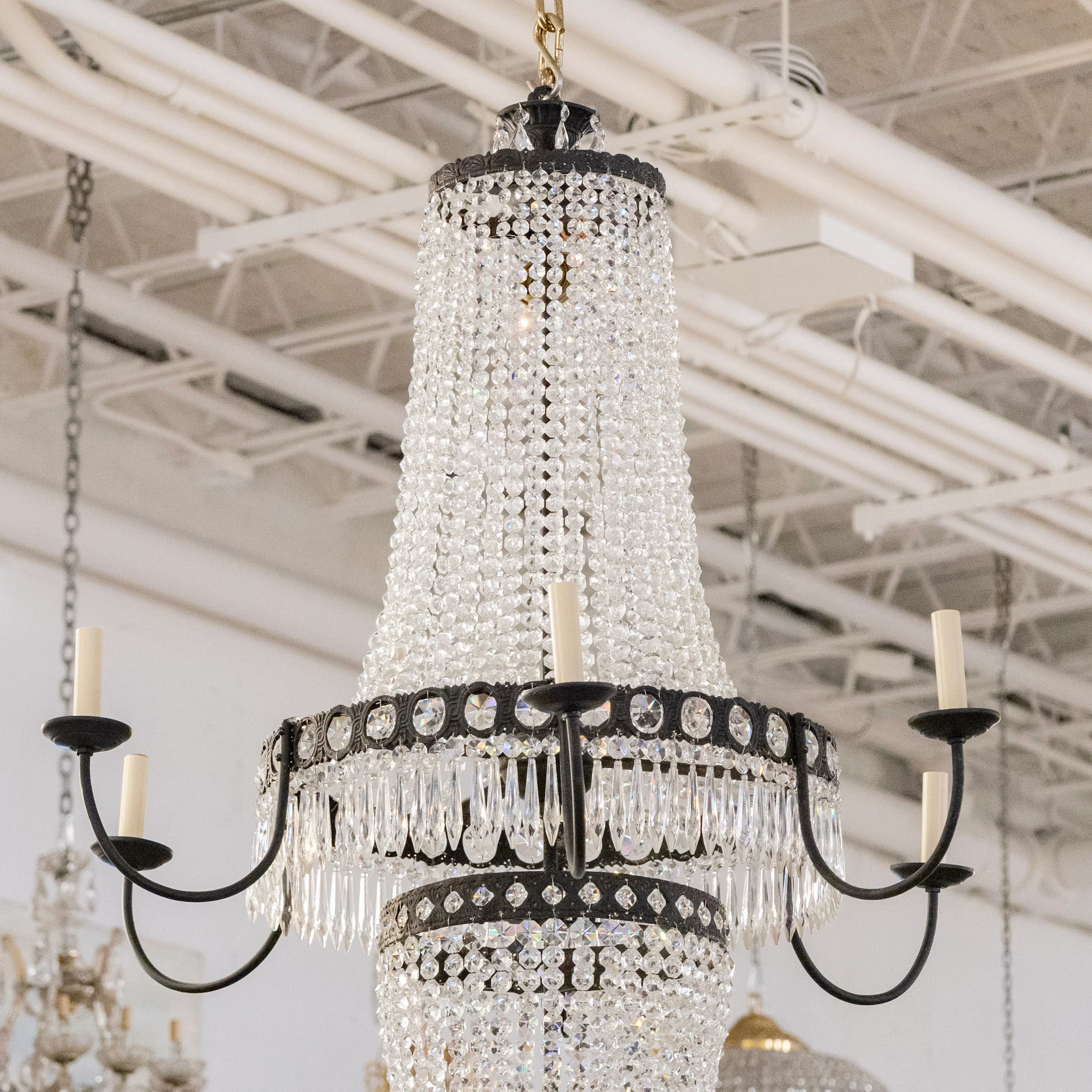 French Tiered Basket Iron Chandelier – Beaded Crystal & Icicle Drops - Image 3