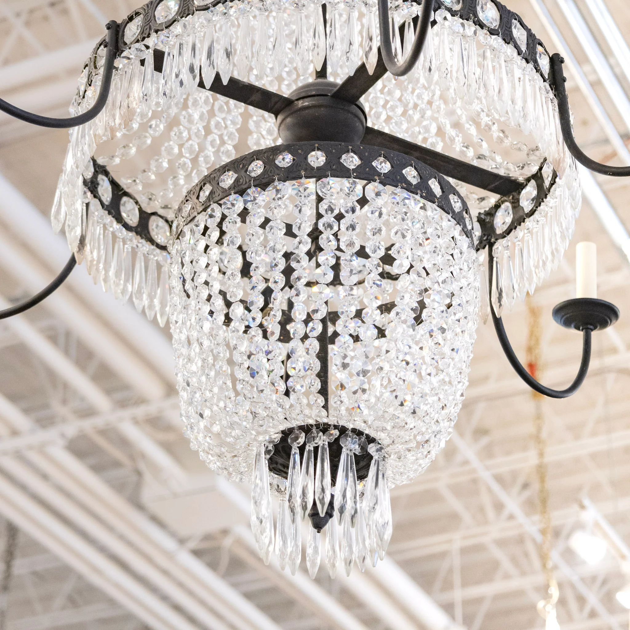 French Tiered Basket Iron Chandelier – Beaded Crystal & Icicle Drops - Image 5