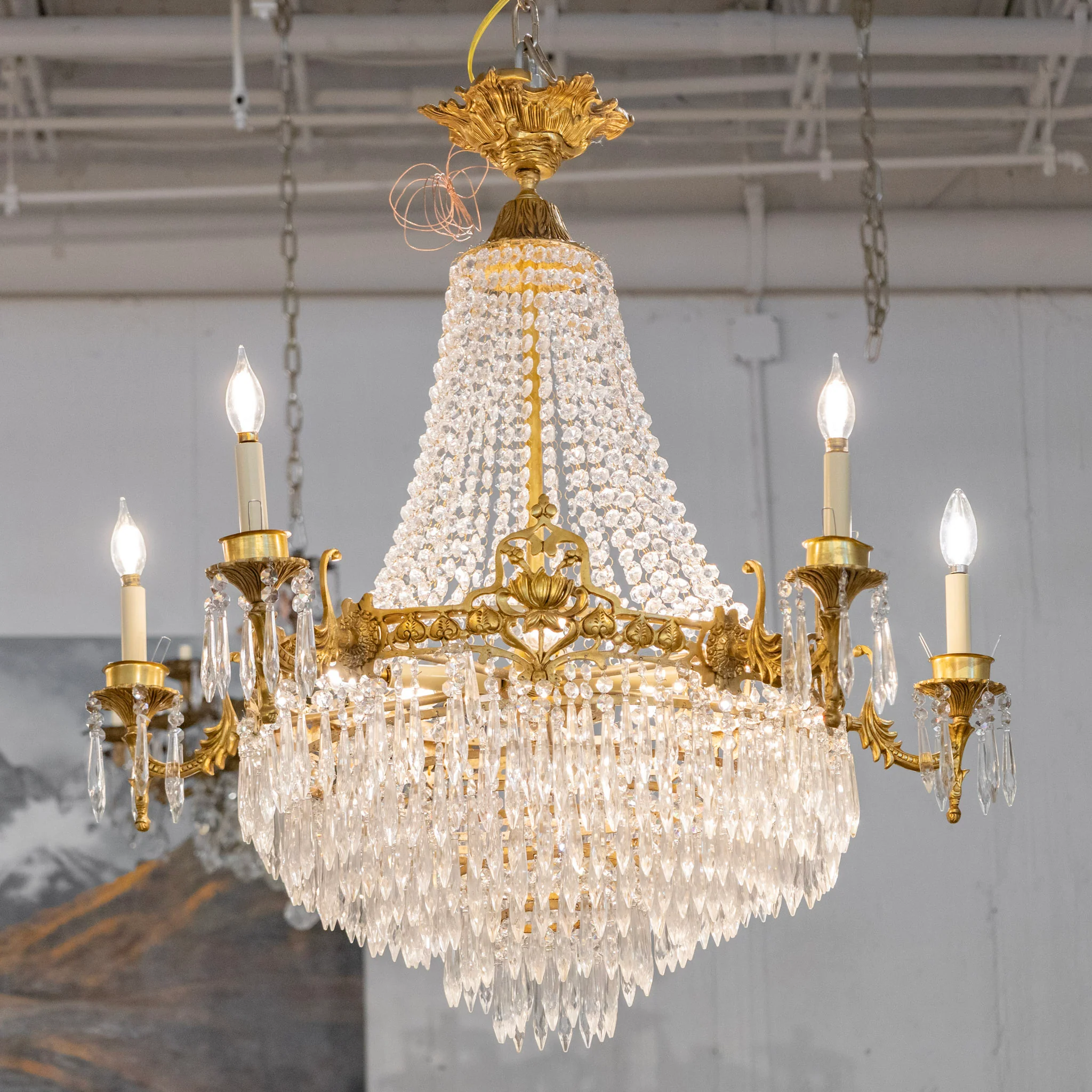 French Tiered Brass Chandelier – Beaded Crystal & Icicle Drops