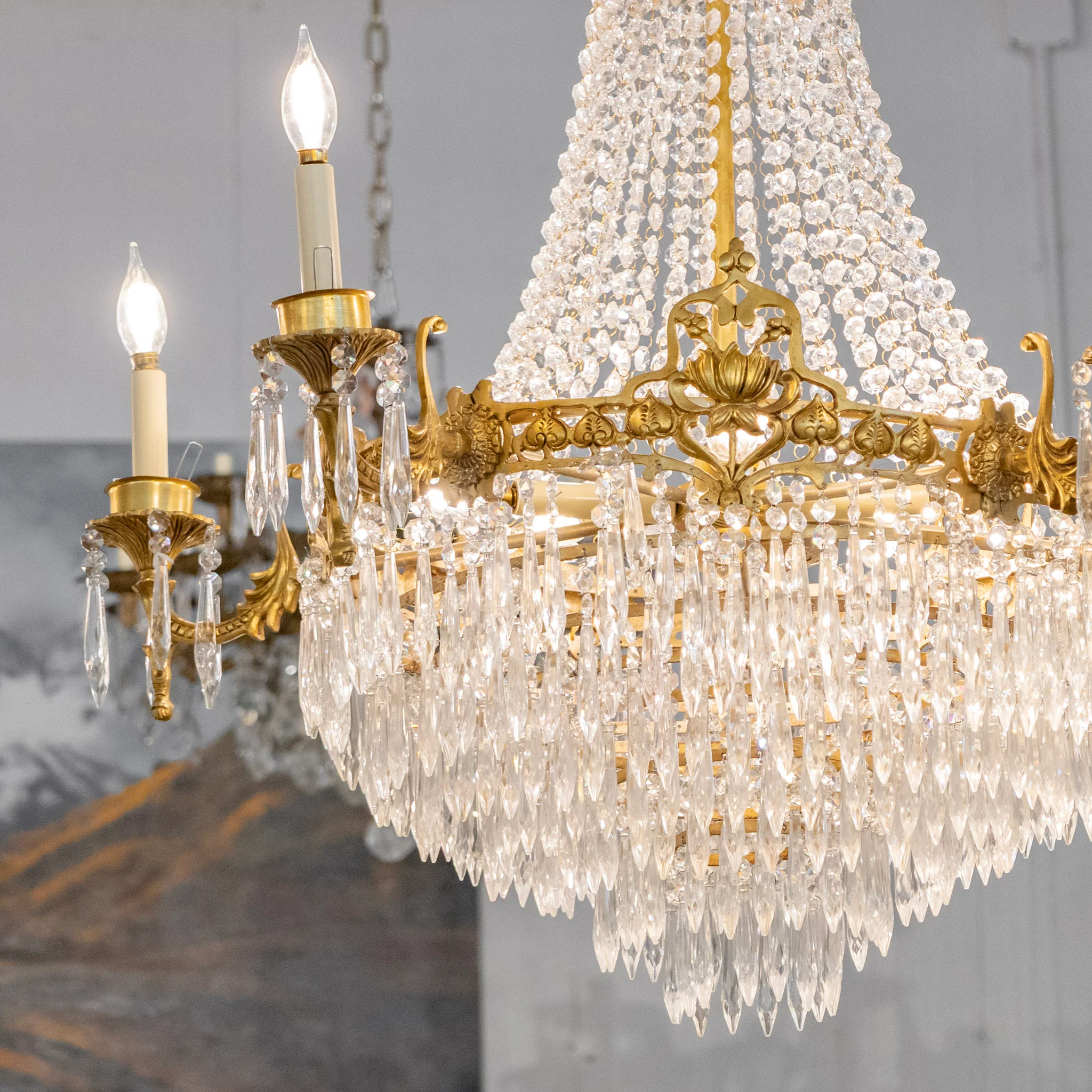 French Tiered Brass Chandelier – Beaded Crystal & Icicle Drops - Image 2