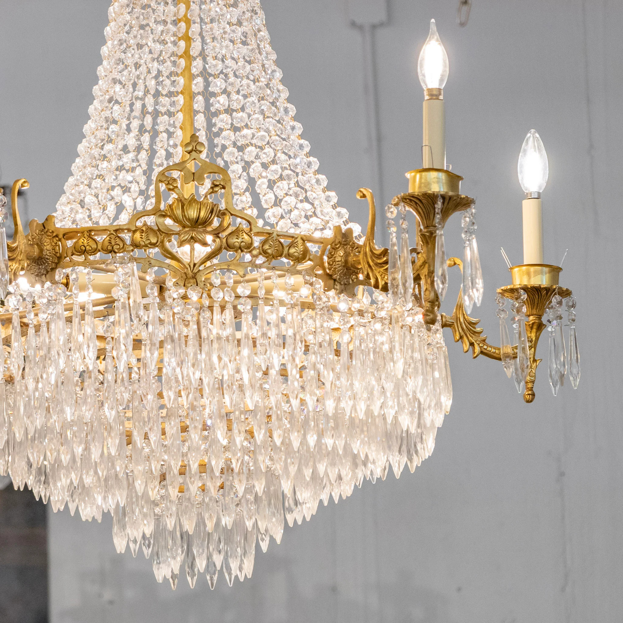 French Tiered Brass Chandelier – Beaded Crystal & Icicle Drops - Image 3