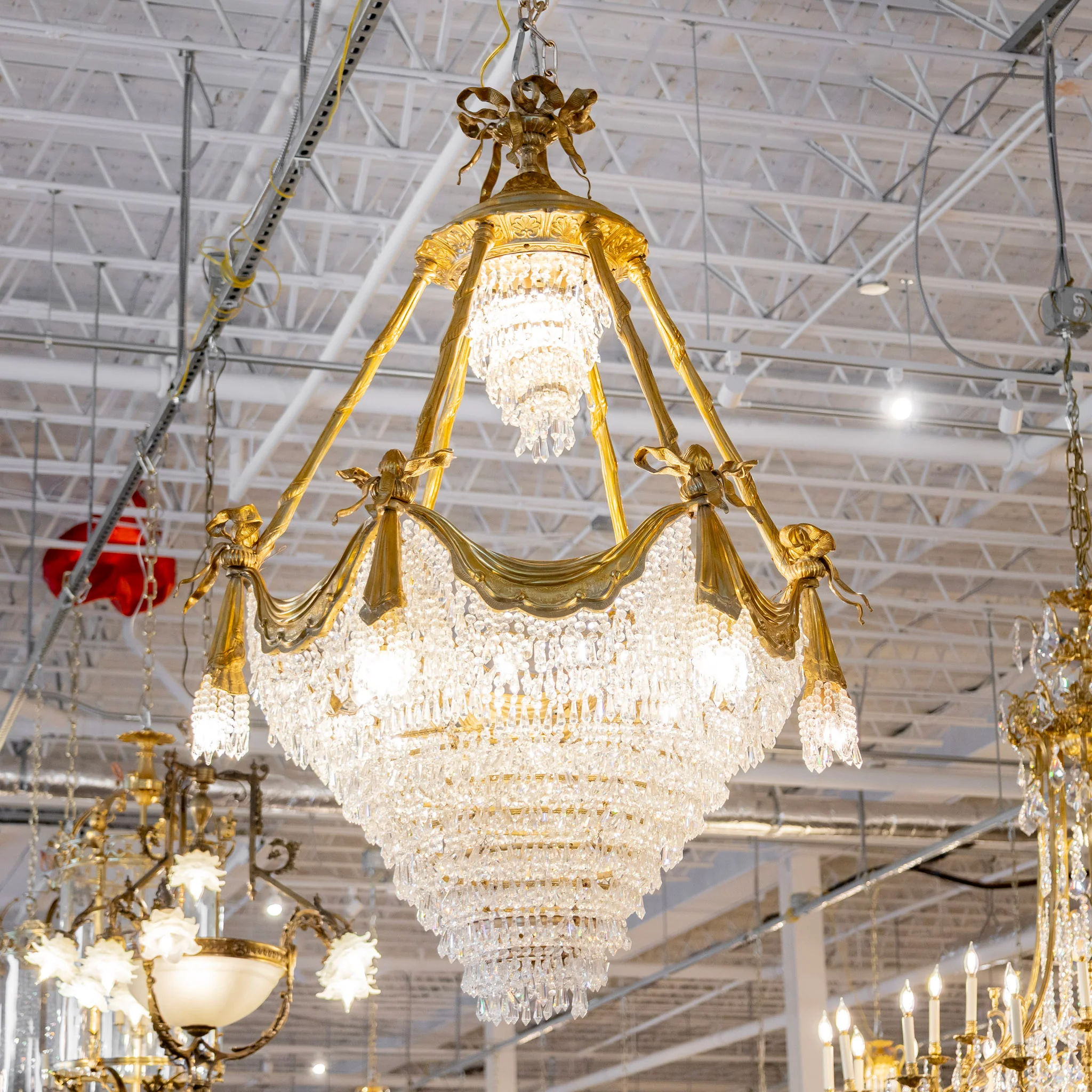 French Tiered Brass Chandelier – Bow Details & Icicle Drops