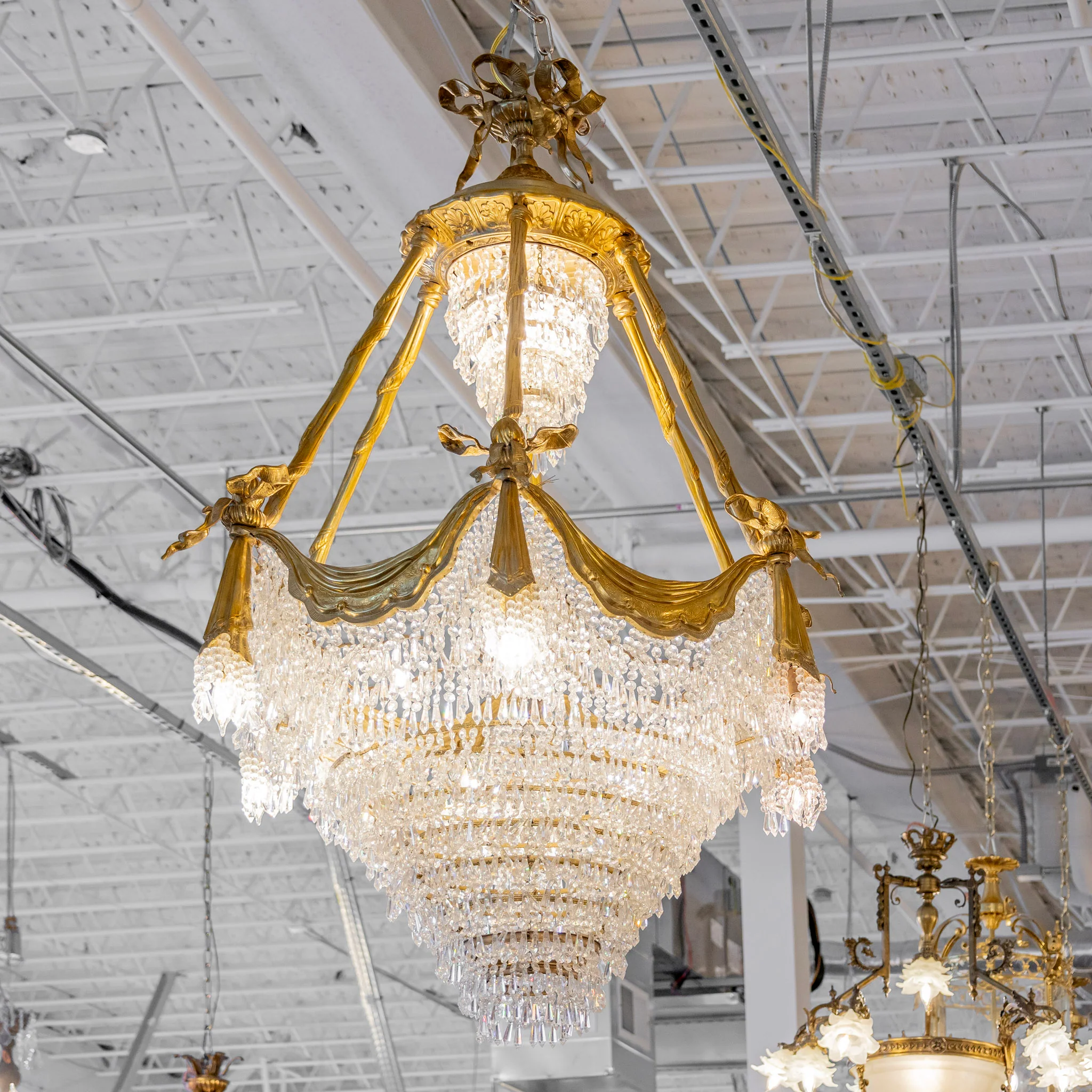 French Tiered Brass Chandelier – Bow Details & Icicle Drops - Image 2