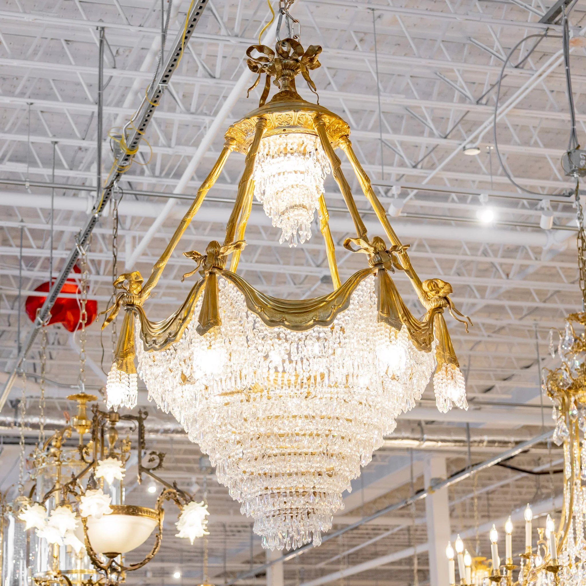 French Tiered Brass Chandelier – Bow Details & Icicle Drops - Image 3