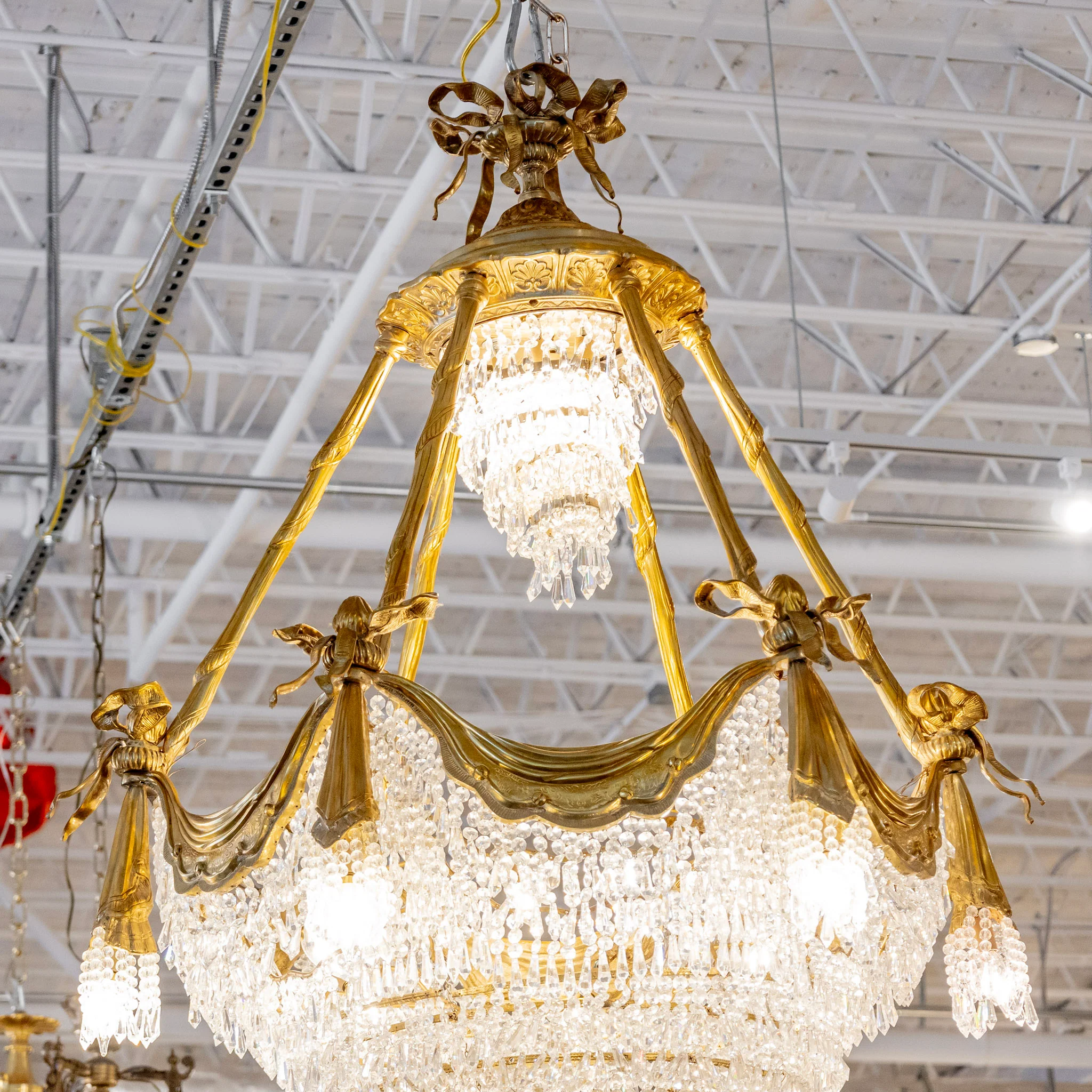 French Tiered Brass Chandelier – Bow Details & Icicle Drops - Image 4