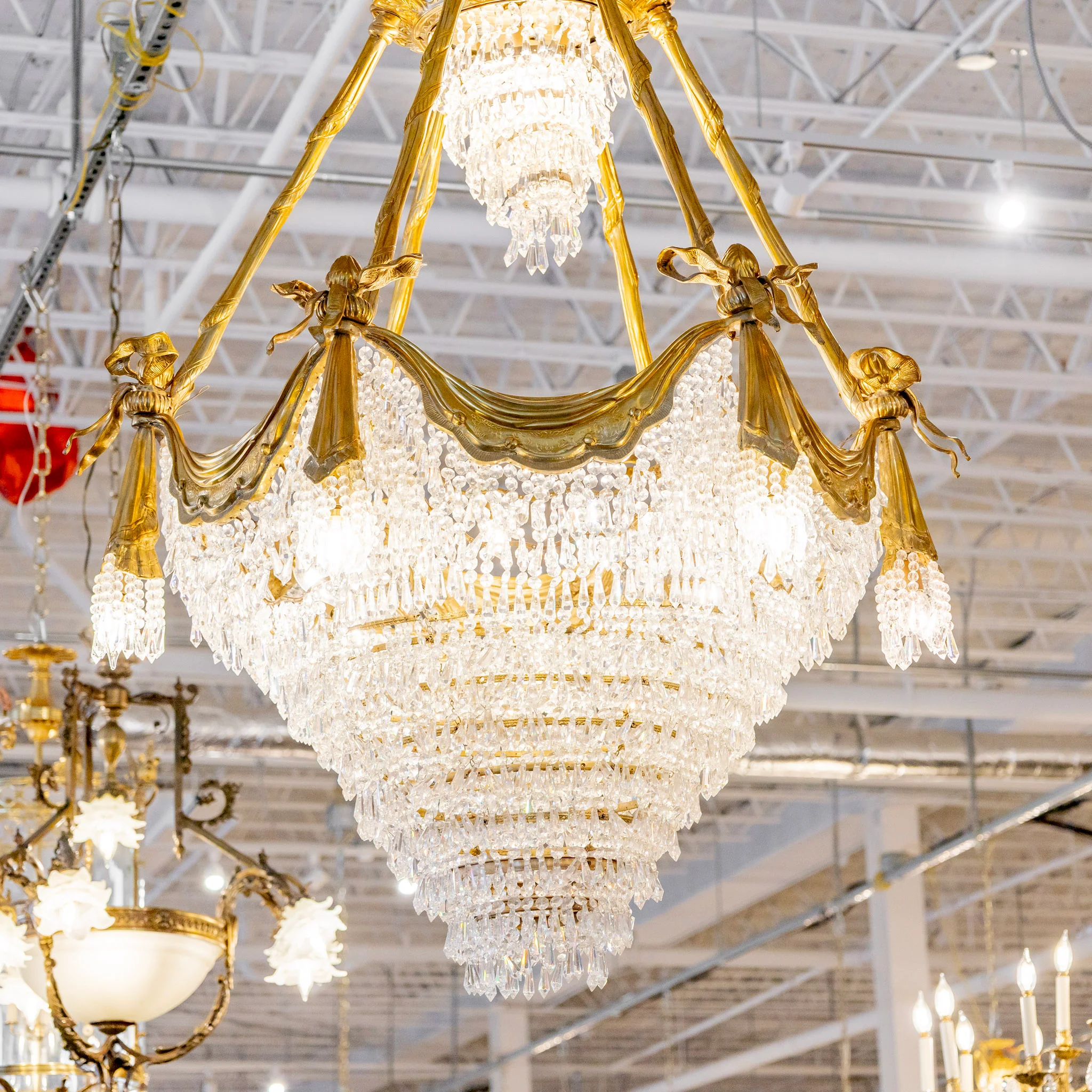 French Tiered Brass Chandelier – Bow Details & Icicle Drops - Image 5