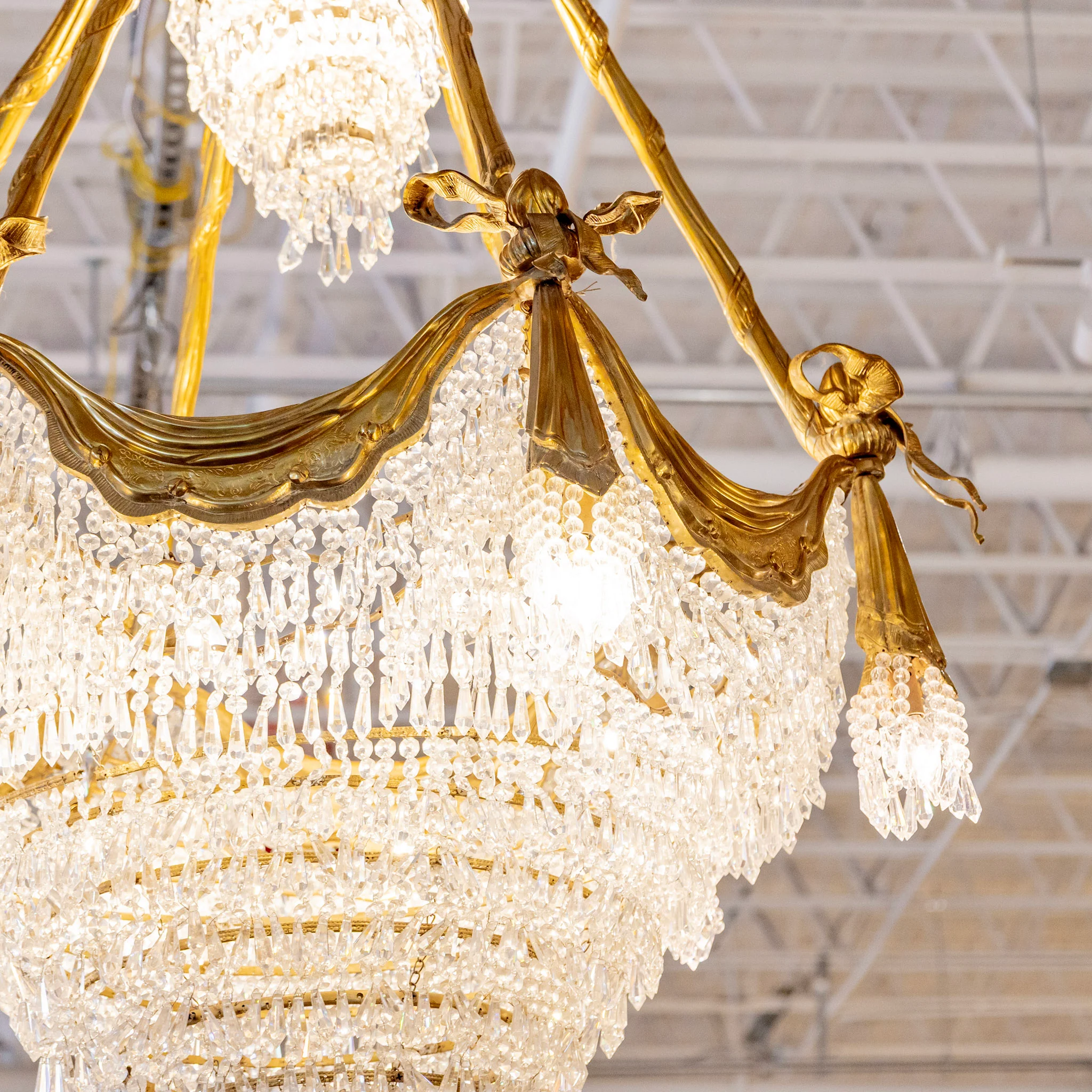 French Tiered Brass Chandelier – Bow Details & Icicle Drops - Image 6