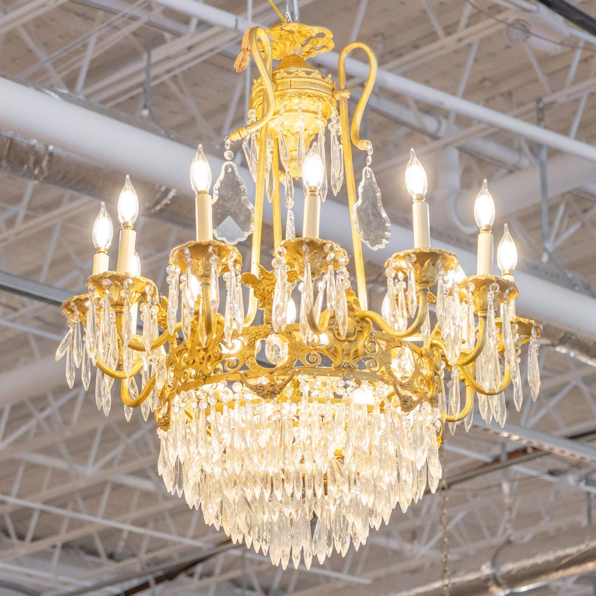 French Tiered Brass Chandelier – Icicle Crystal & Ornate Frame