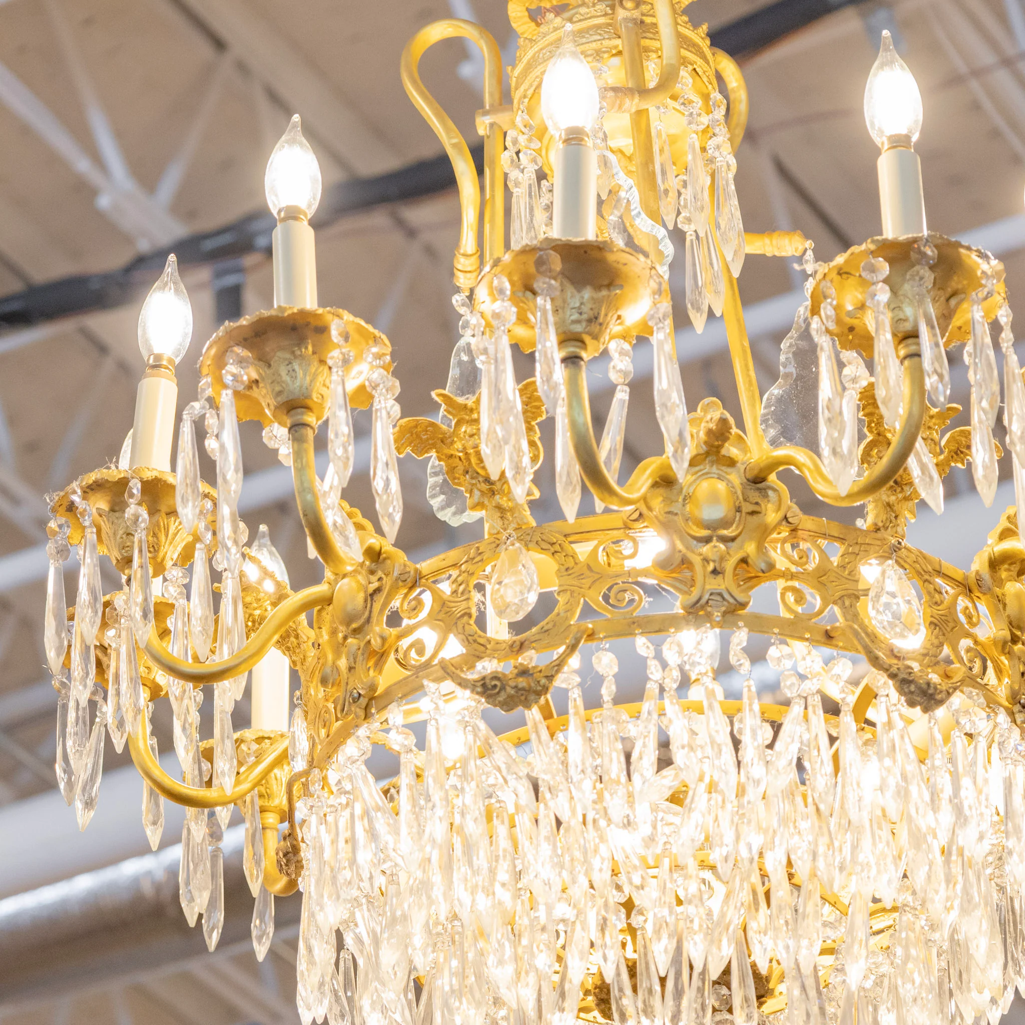 French Tiered Brass Chandelier – Icicle Crystal & Ornate Frame - Image 2
