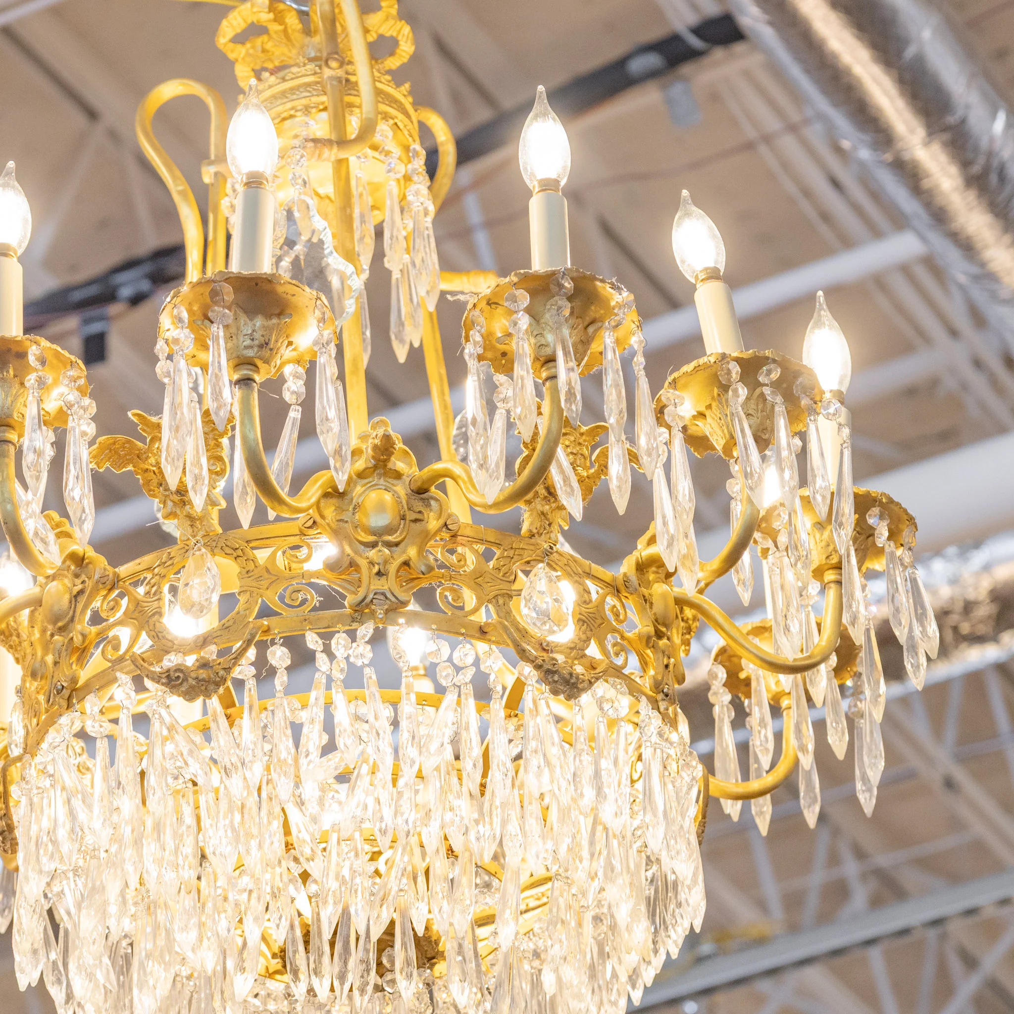 French Tiered Brass Chandelier – Icicle Crystal & Ornate Frame - Image 3