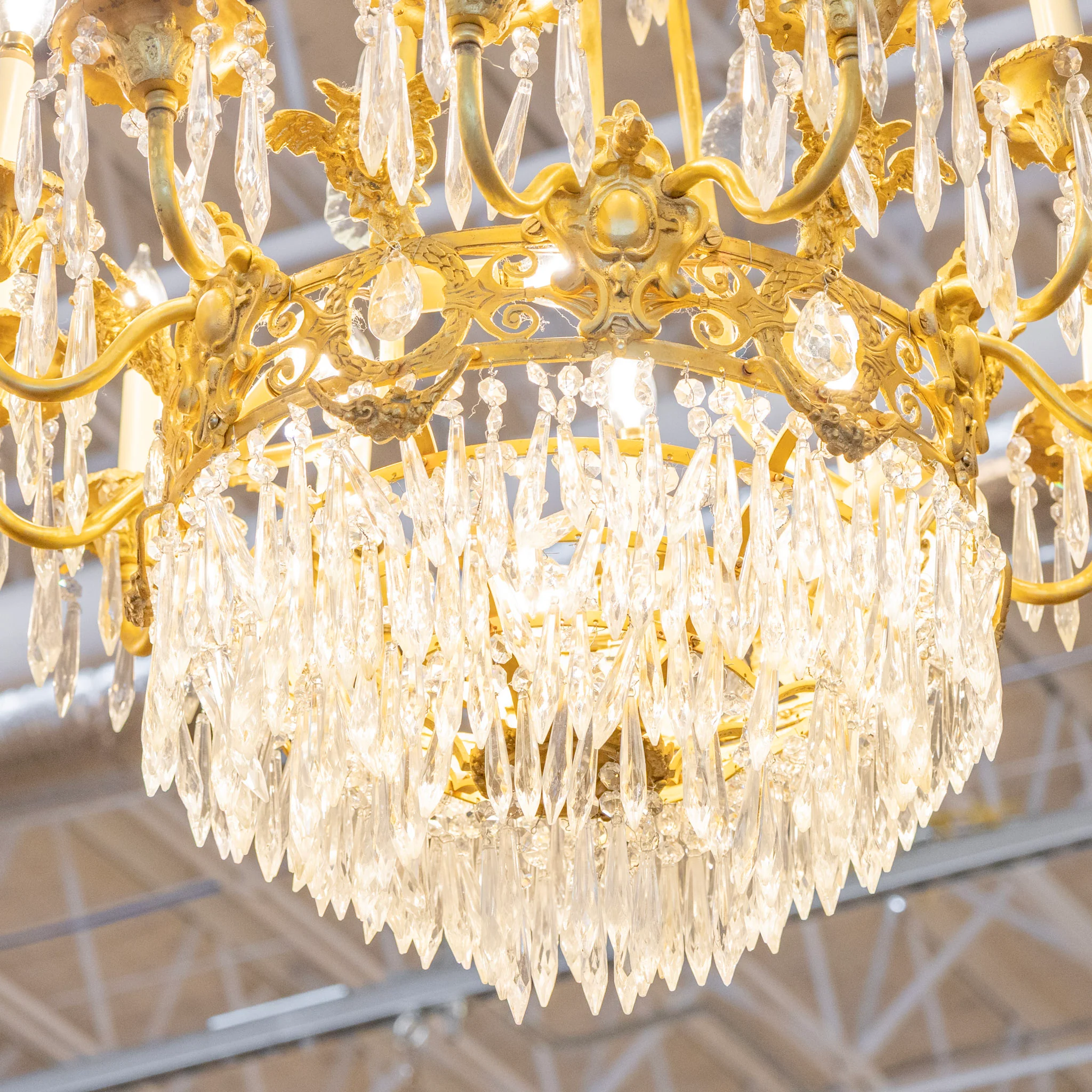 French Tiered Brass Chandelier – Icicle Crystal & Ornate Frame - Image 6