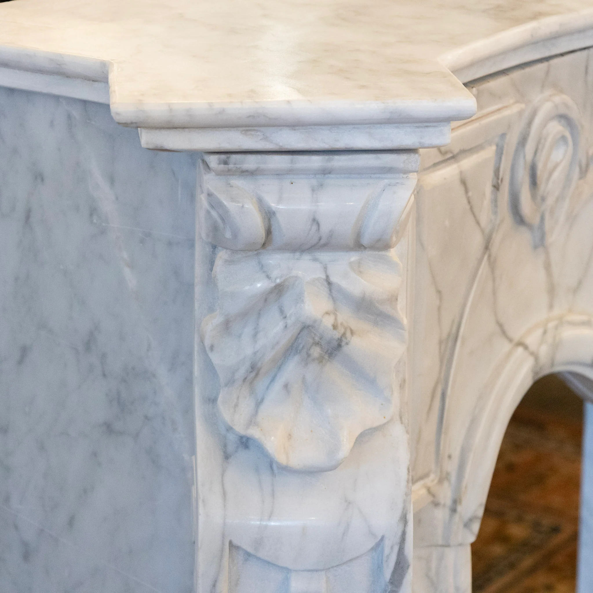 French White Carrara Marble Fireplace Mantel – Carved Scrollwork & Cartouche Center - Image 12