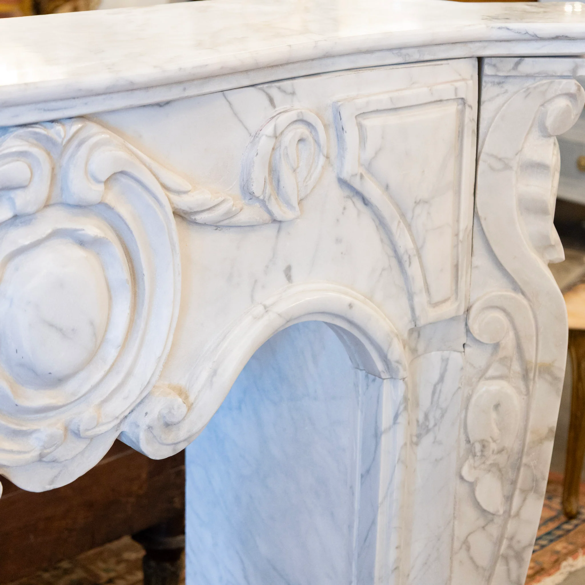 French White Carrara Marble Fireplace Mantel – Carved Scrollwork & Cartouche Center - Image 13