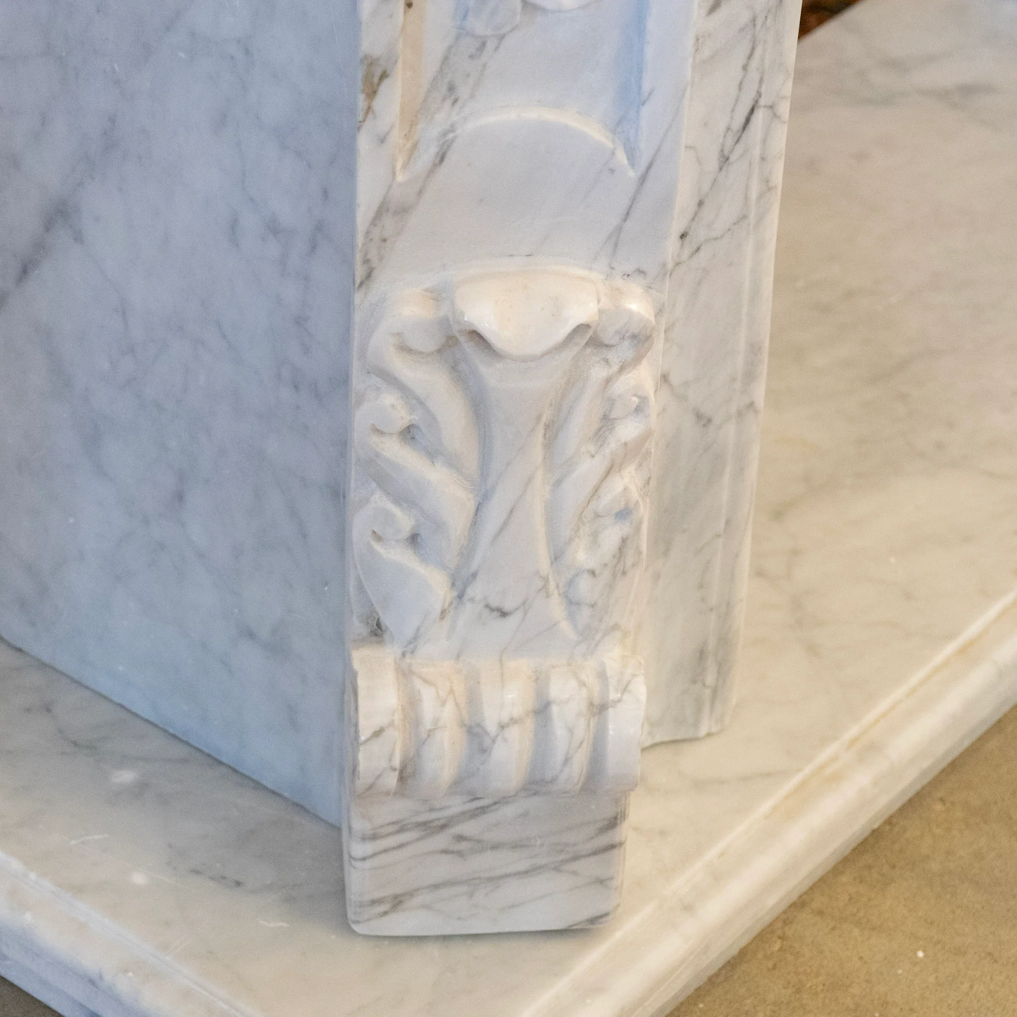 French White Carrara Marble Fireplace Mantel – Carved Scrollwork & Cartouche Center - Image 14