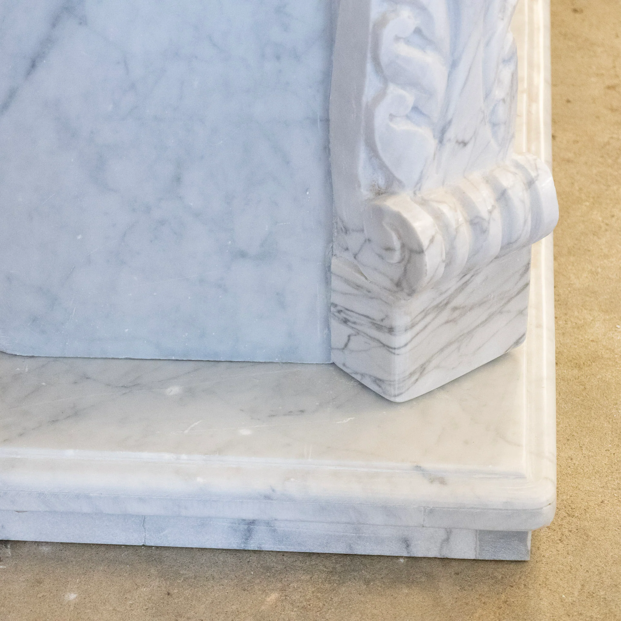 French White Carrara Marble Fireplace Mantel – Carved Scrollwork & Cartouche Center - Image 15