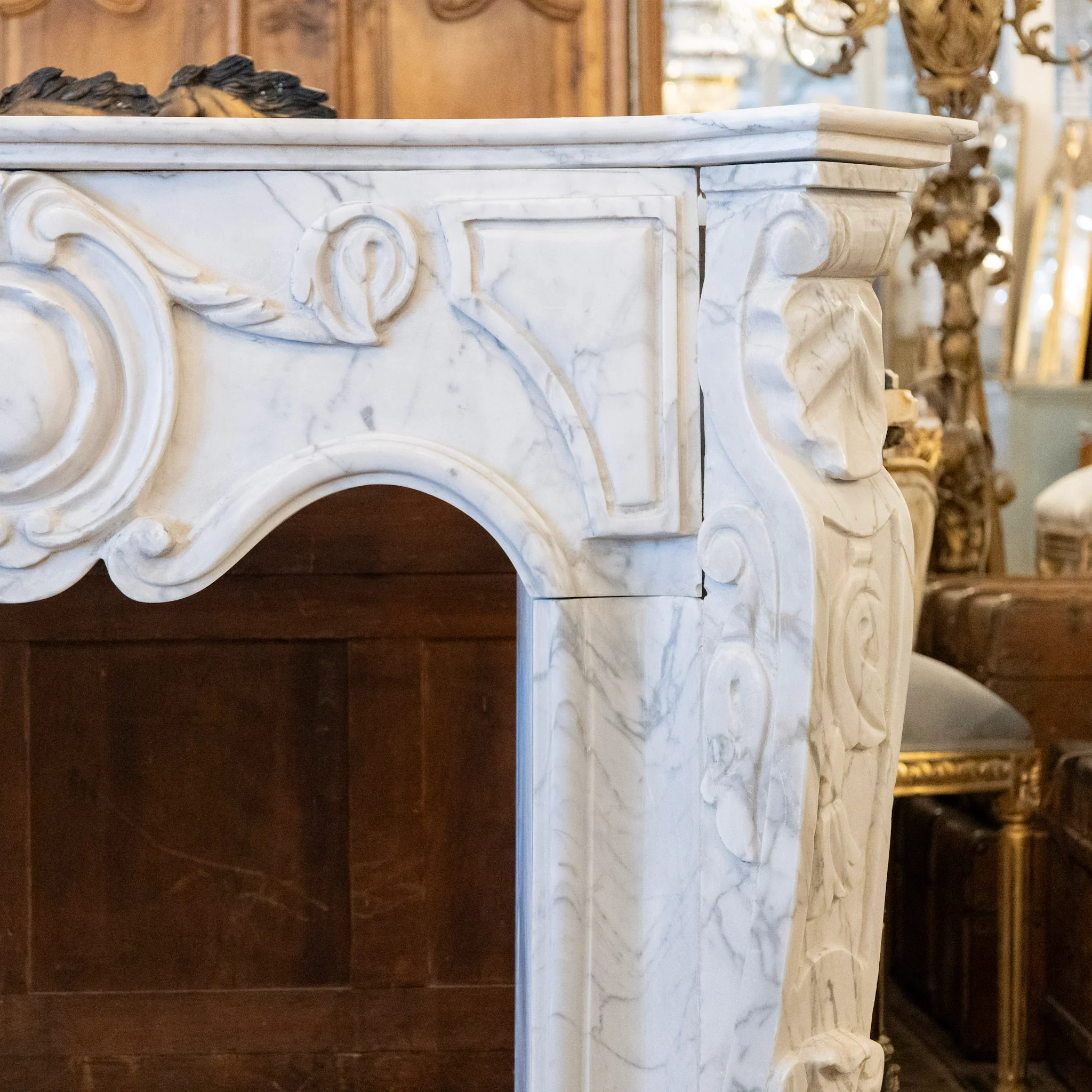 French White Carrara Marble Fireplace Mantel – Carved Scrollwork & Cartouche Center - Image 3
