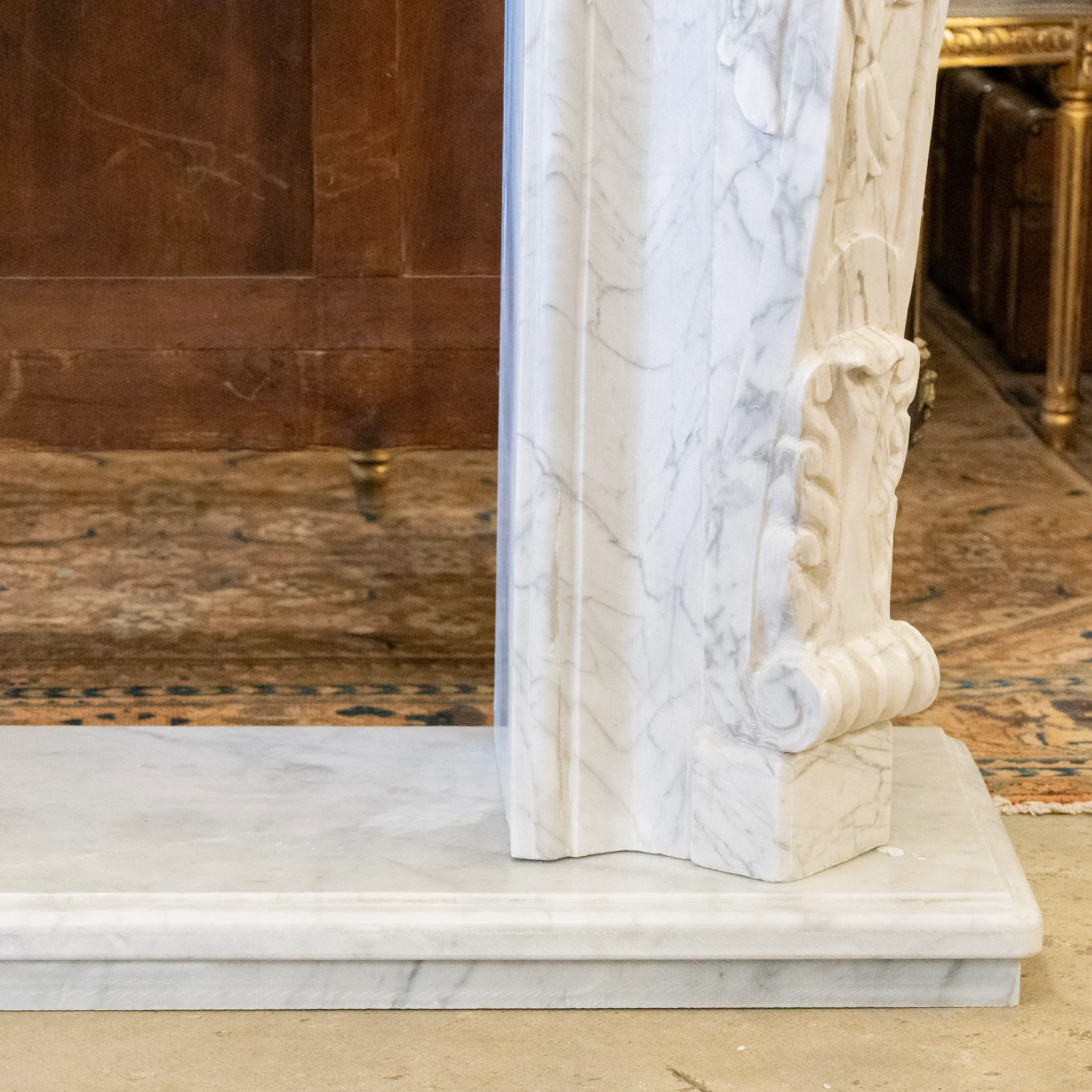 French White Carrara Marble Fireplace Mantel – Carved Scrollwork & Cartouche Center - Image 4