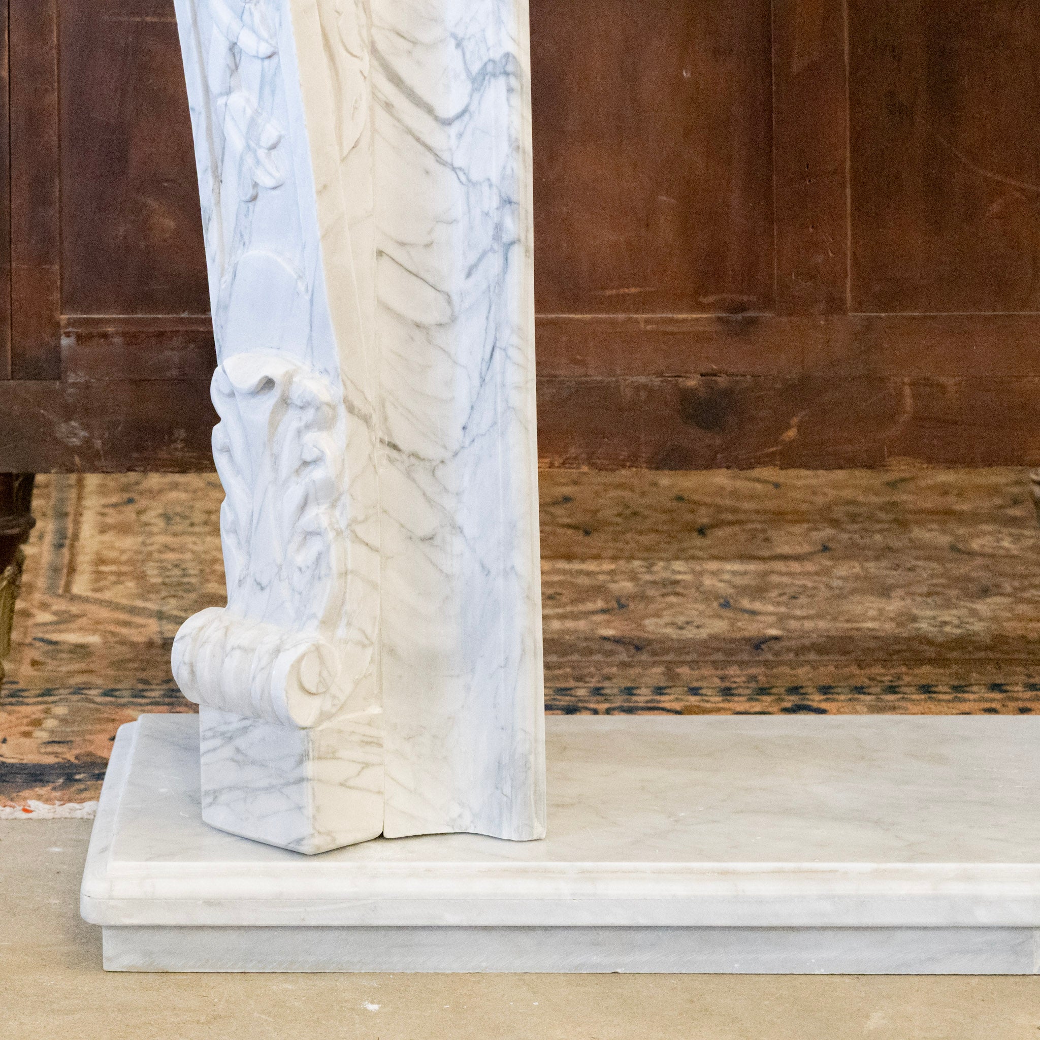 French White Carrara Marble Fireplace Mantel – Carved Scrollwork & Cartouche Center - Image 5
