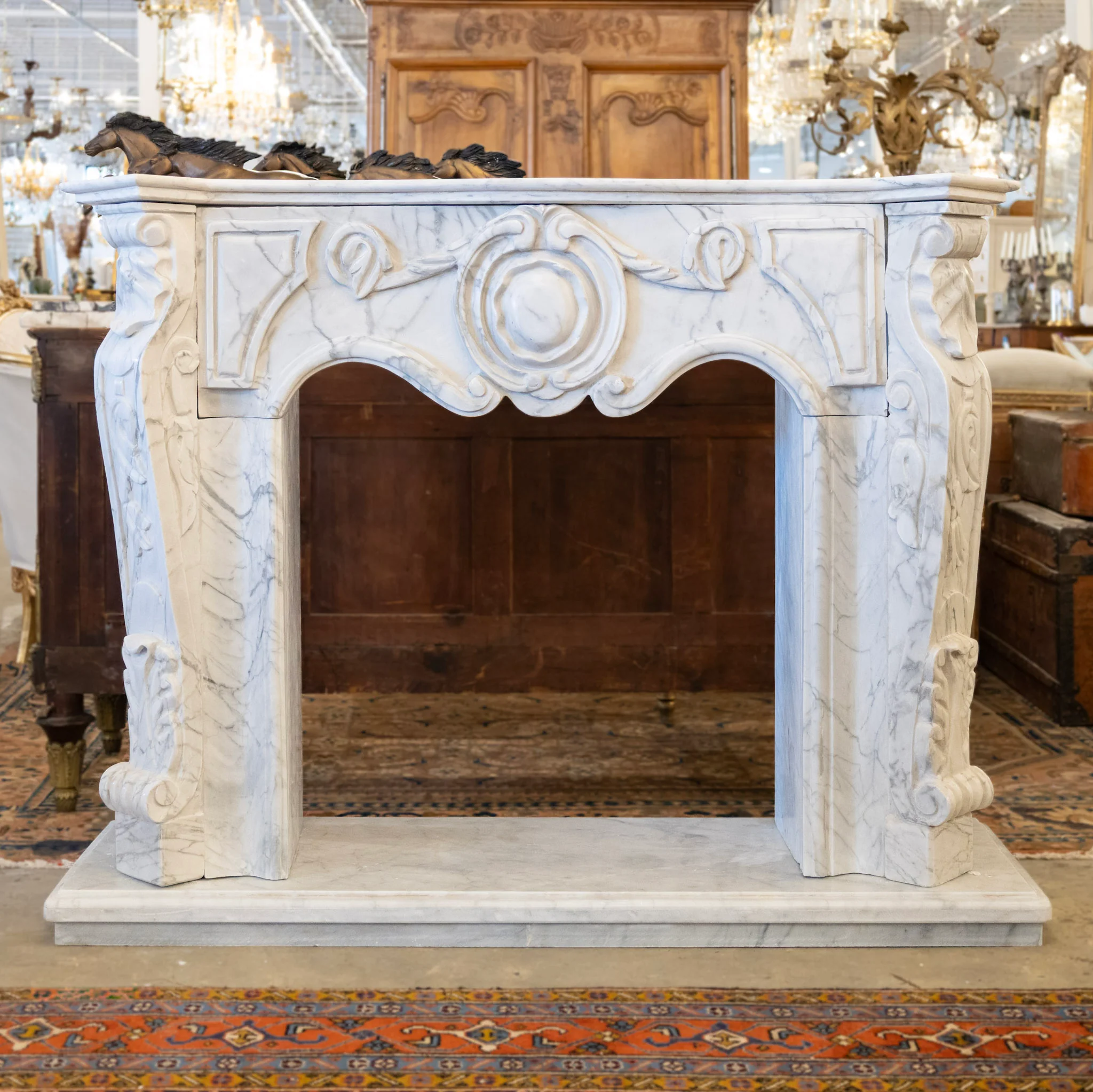 French White Carrara Marble Fireplace Mantel – Carved Scrollwork & Cartouche Center - Image 6