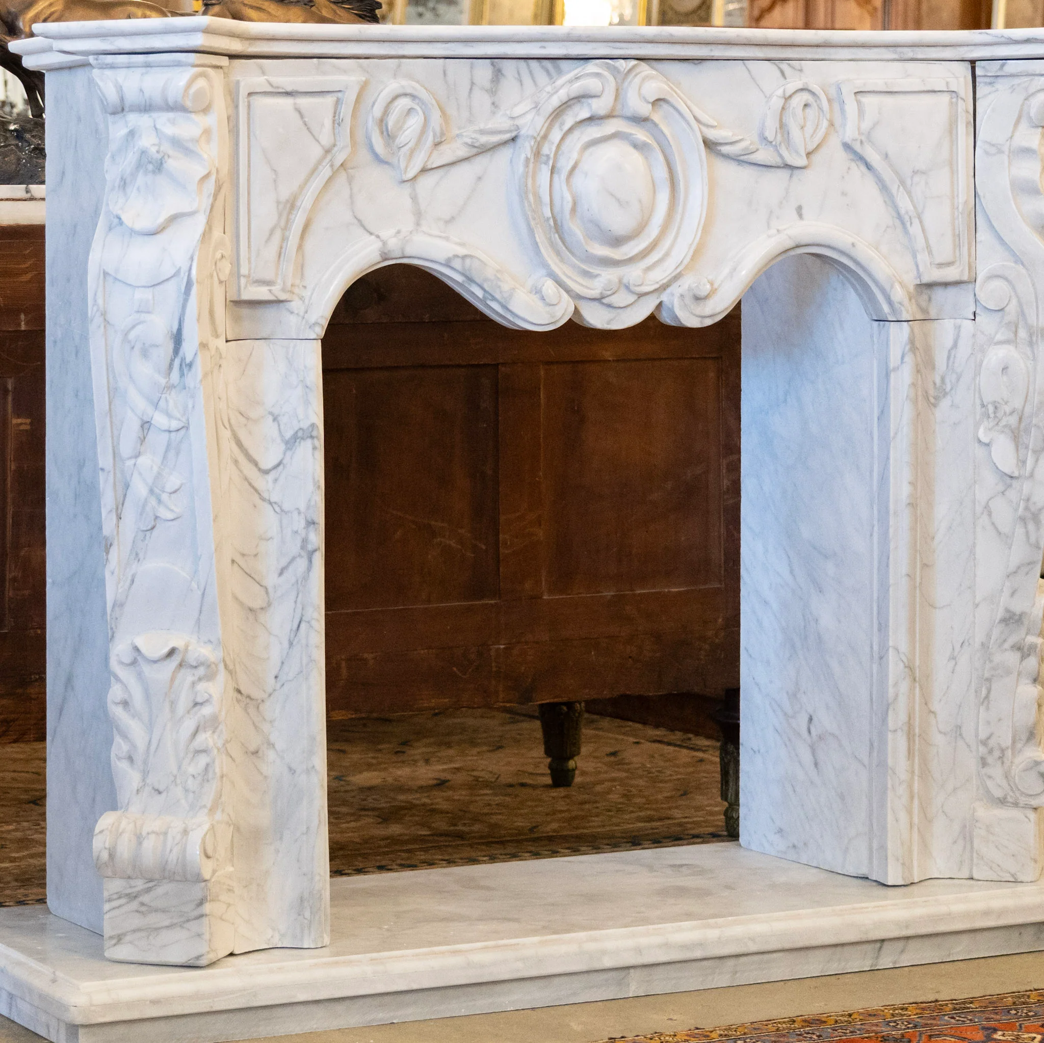 French White Carrara Marble Fireplace Mantel – Carved Scrollwork & Cartouche Center - Image 7