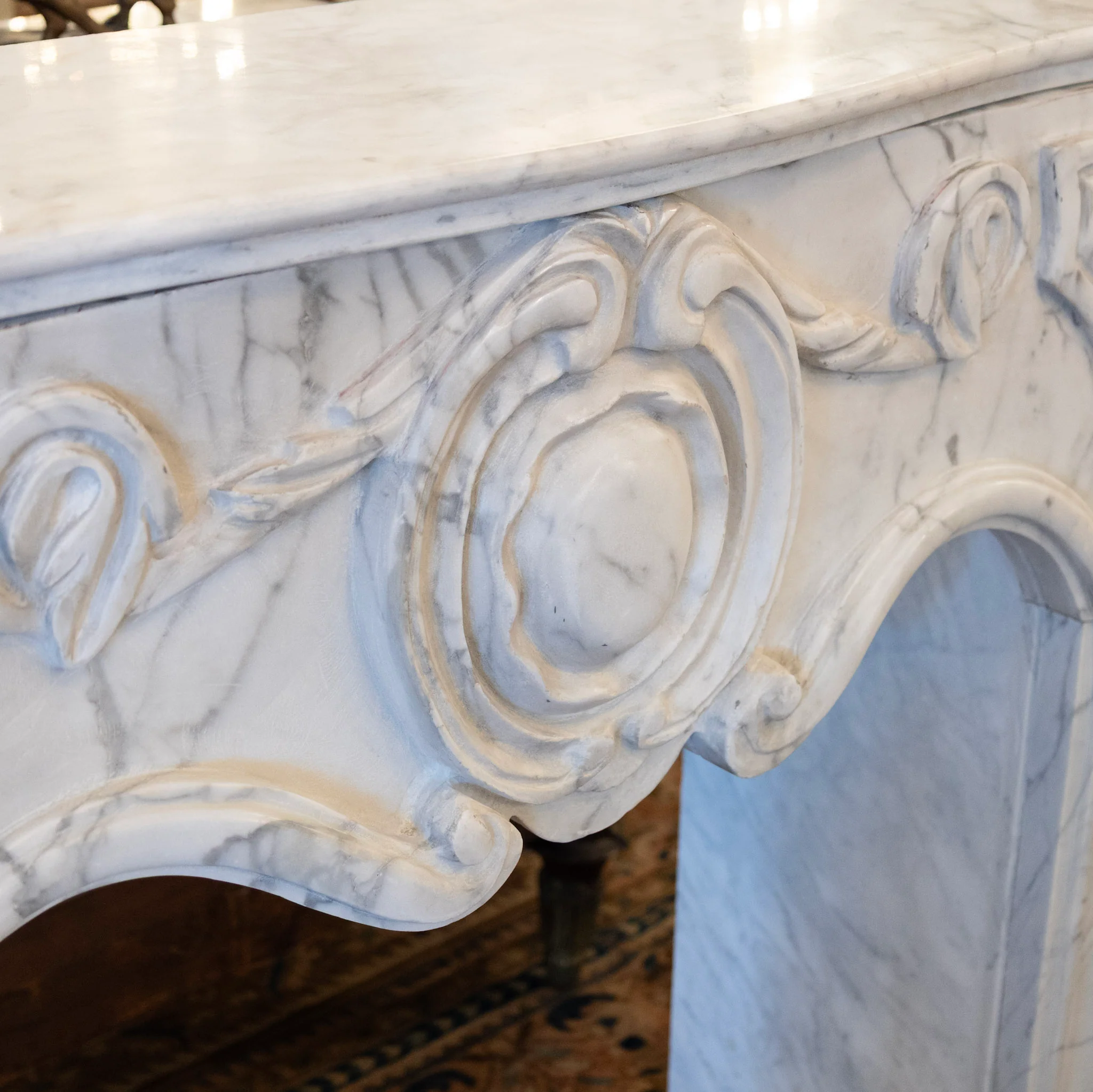 French White Carrara Marble Fireplace Mantel – Carved Scrollwork & Cartouche Center - Image 8
