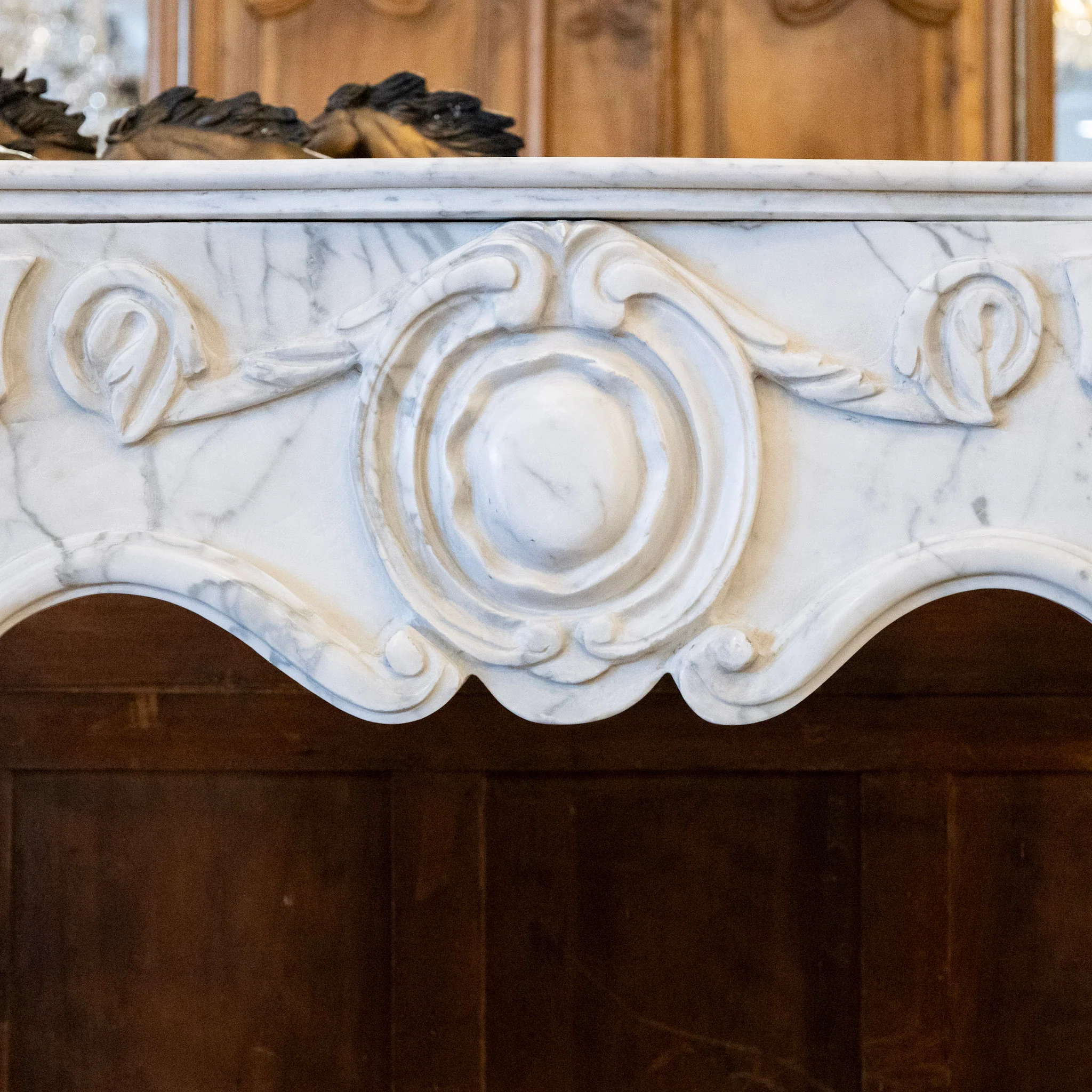 French White Carrara Marble Fireplace Mantel – Carved Scrollwork & Cartouche Center - Image 9