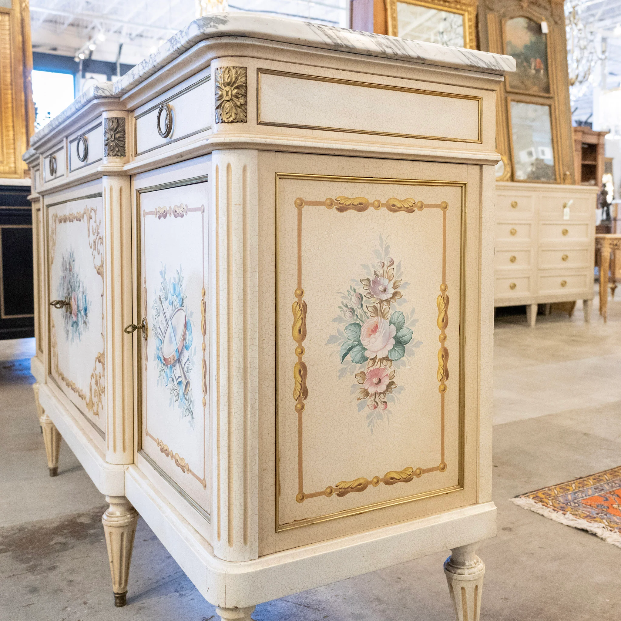 French White Hand-Painted Sideboard – Crackle Finish & Original Marble Top - Image 11