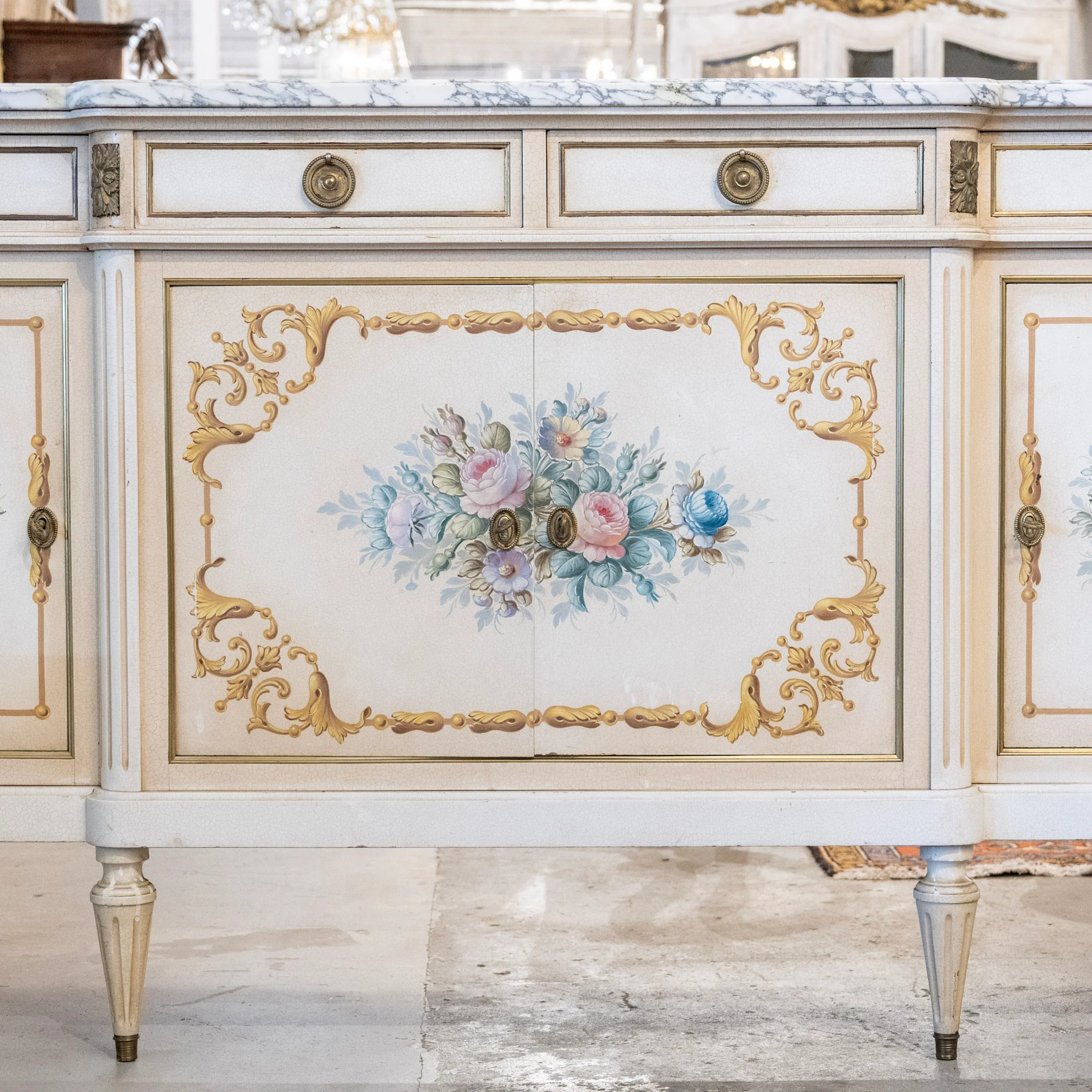 French White Hand-Painted Sideboard – Crackle Finish & Original Marble Top - Image 2