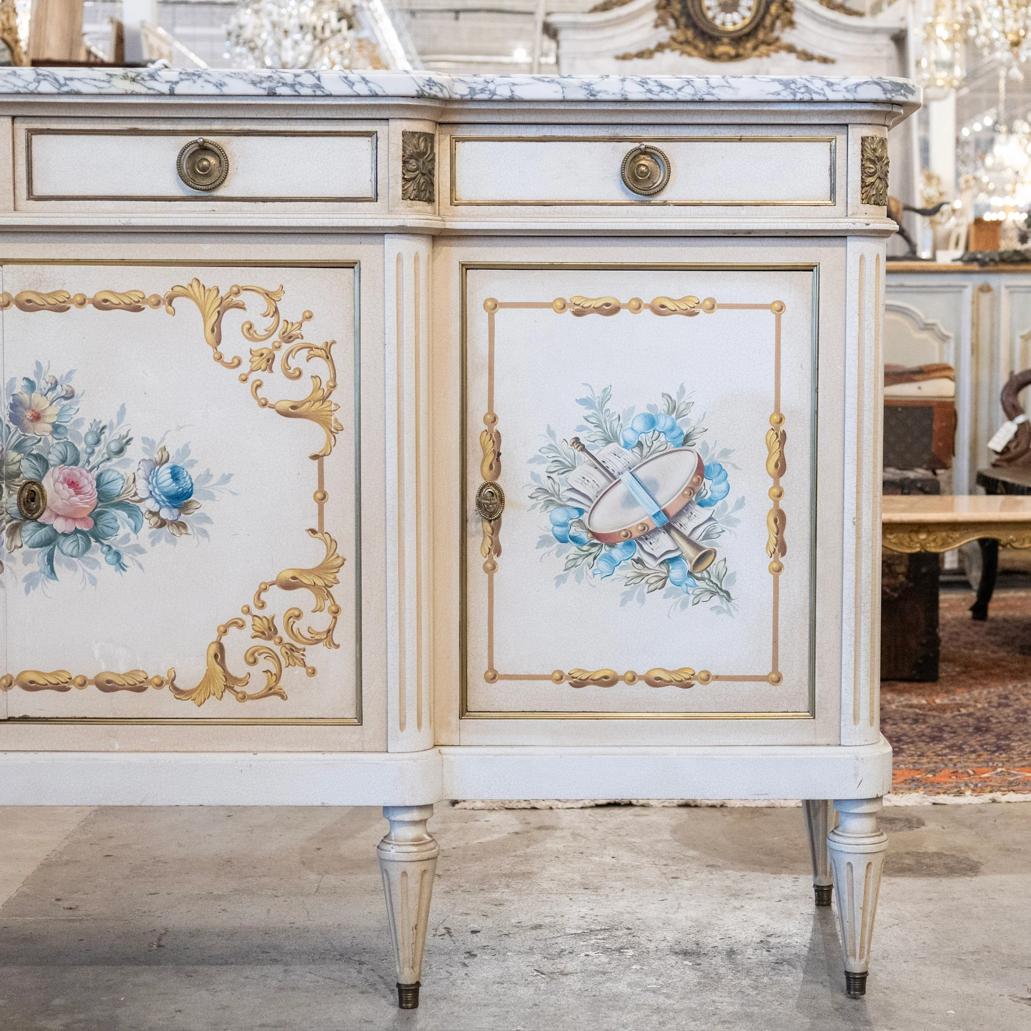 French White Hand-Painted Sideboard – Crackle Finish & Original Marble Top - Image 5
